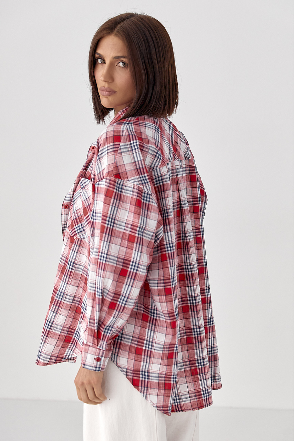 Жіноча клітчаста сорочка на ґудзиках  червоний колір