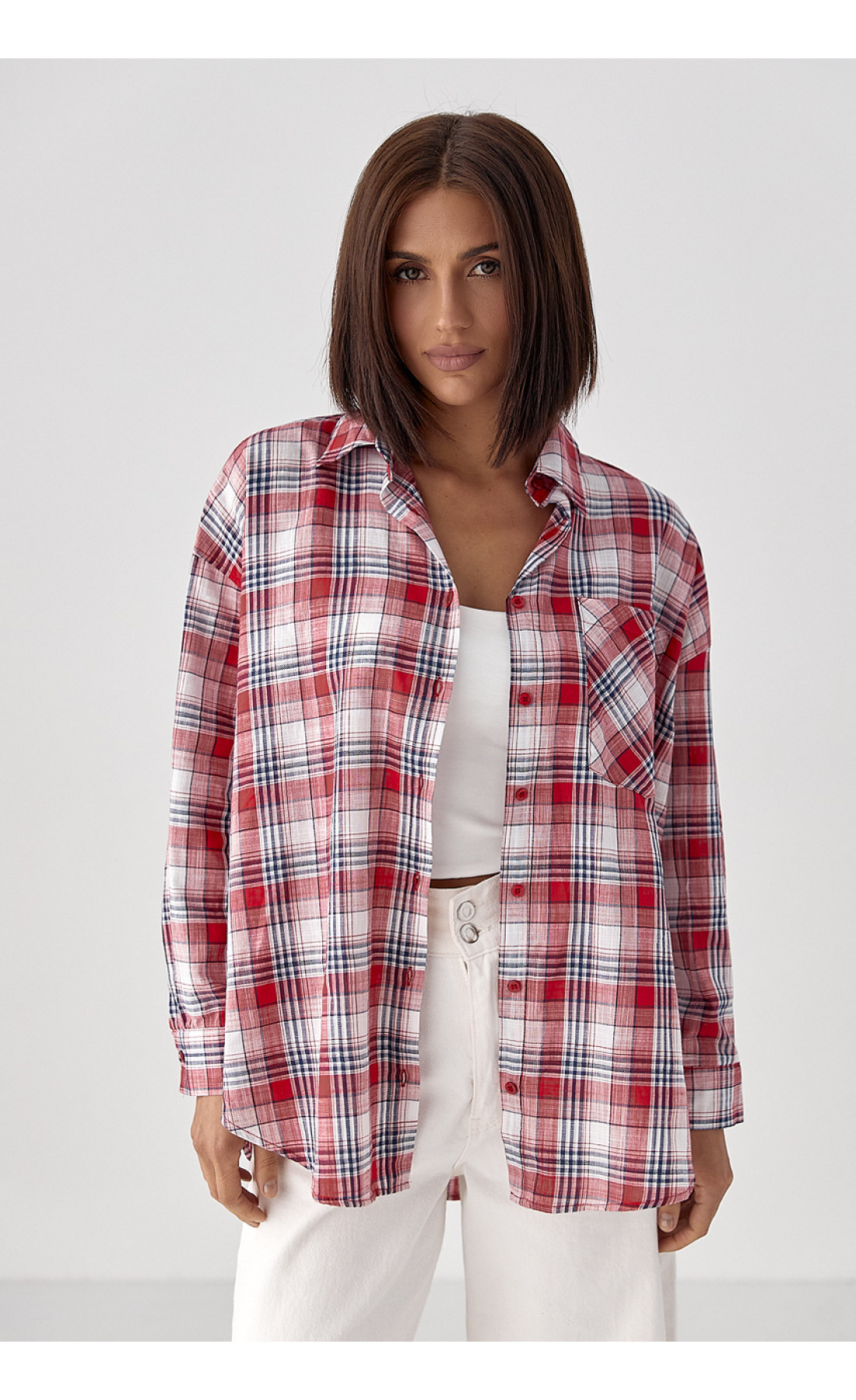 Жіноча клітчаста сорочка на ґудзиках  червоний колір