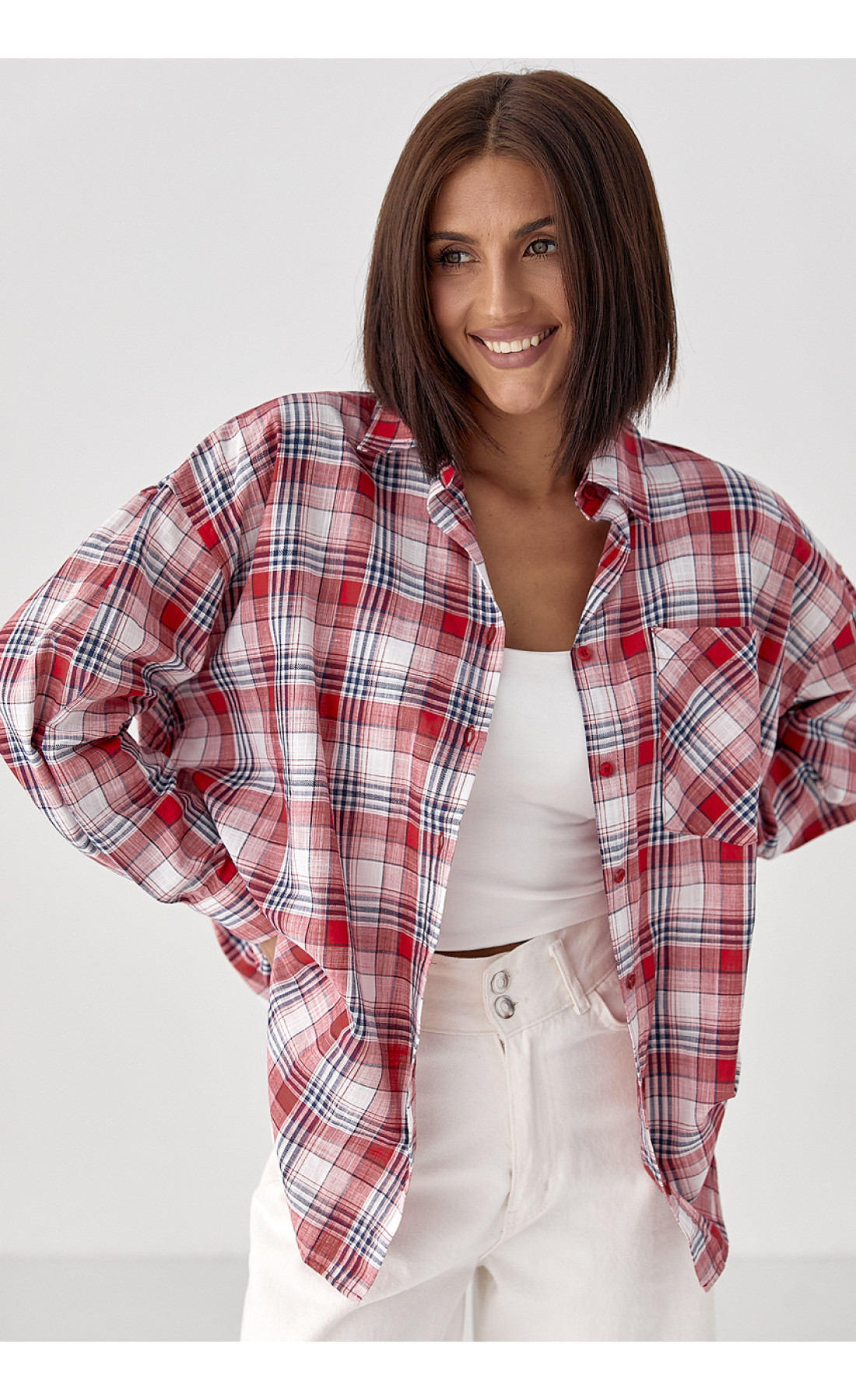 Жіноча клітчаста сорочка на ґудзиках  червоний колір