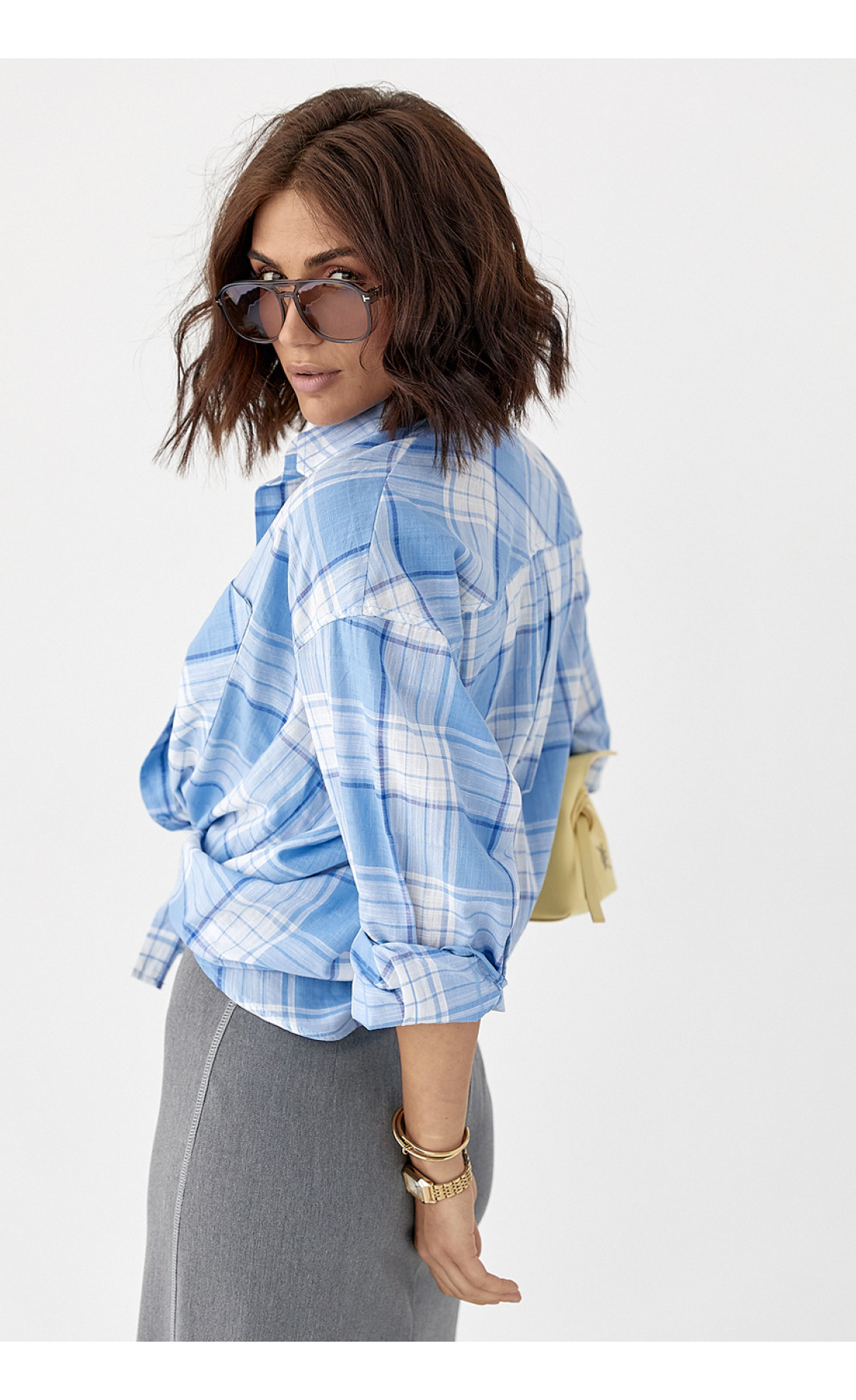 Жіноча картата сорочка на ґудзиках  блакитний колір