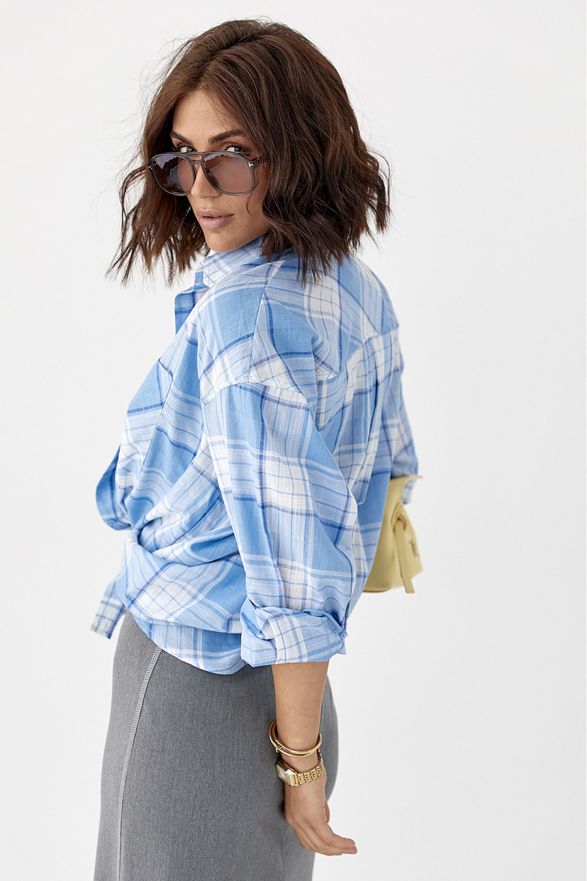 Жіноча картата сорочка на ґудзиках  блакитний колір