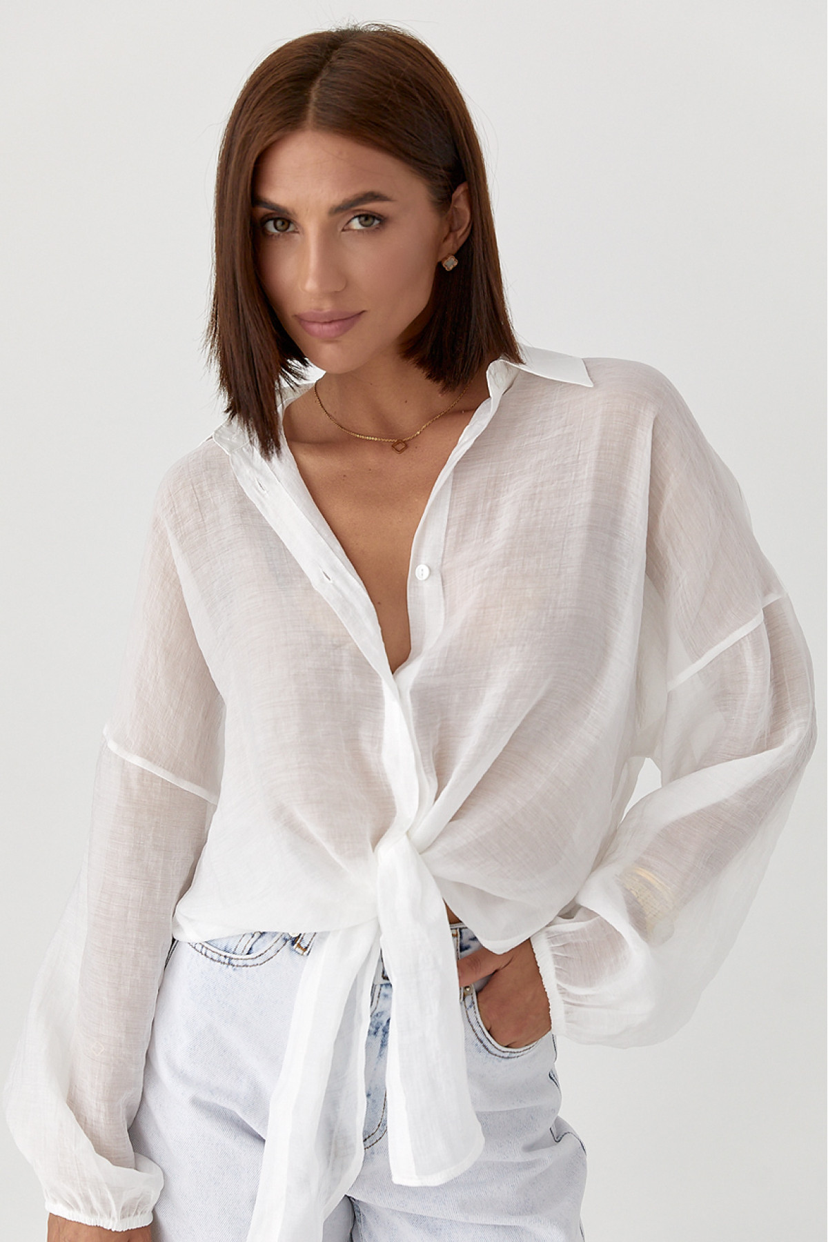 Напівпрозора сорочка з тенселу  білий колір