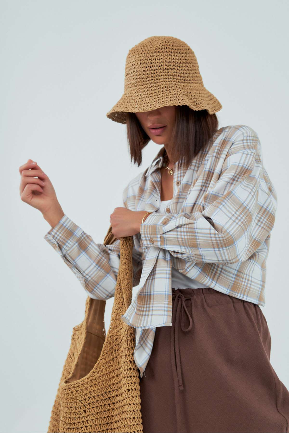 Картата сорочка з довгим рукавом  кавовий колір