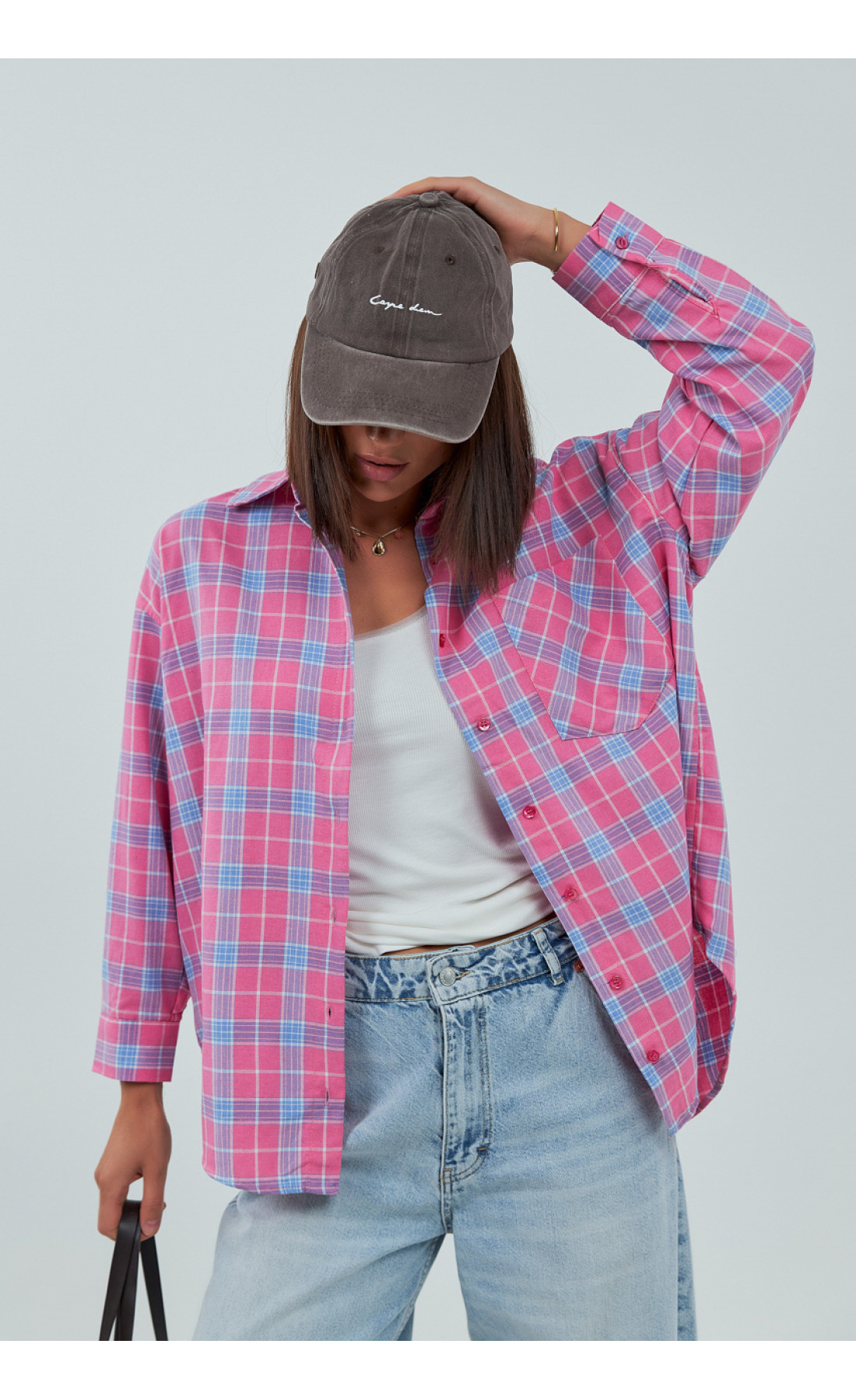 Жіноча сорочка в клітинку з кишенею  рожевий колір