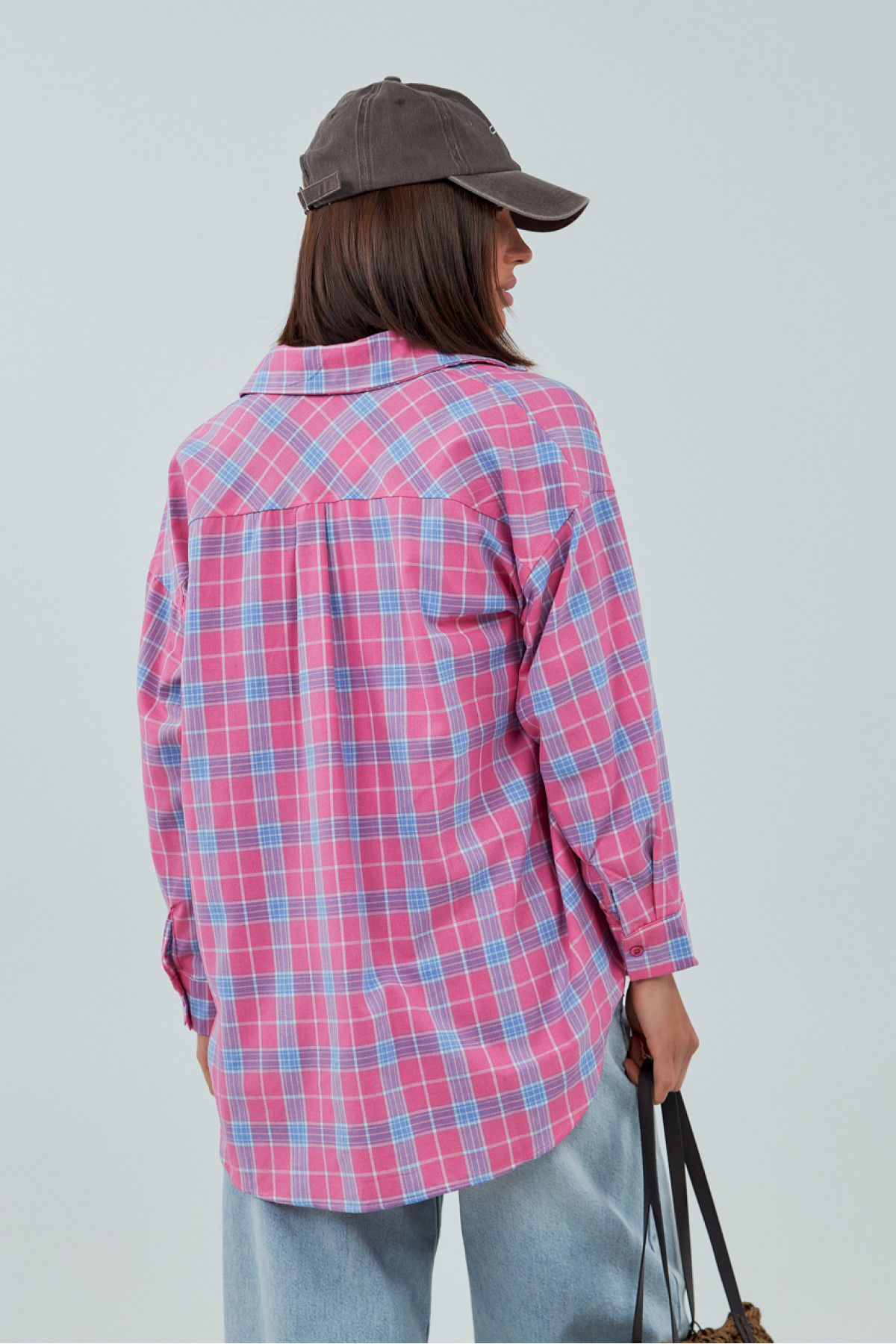 Жіноча сорочка в клітинку з кишенею  рожевий колір
