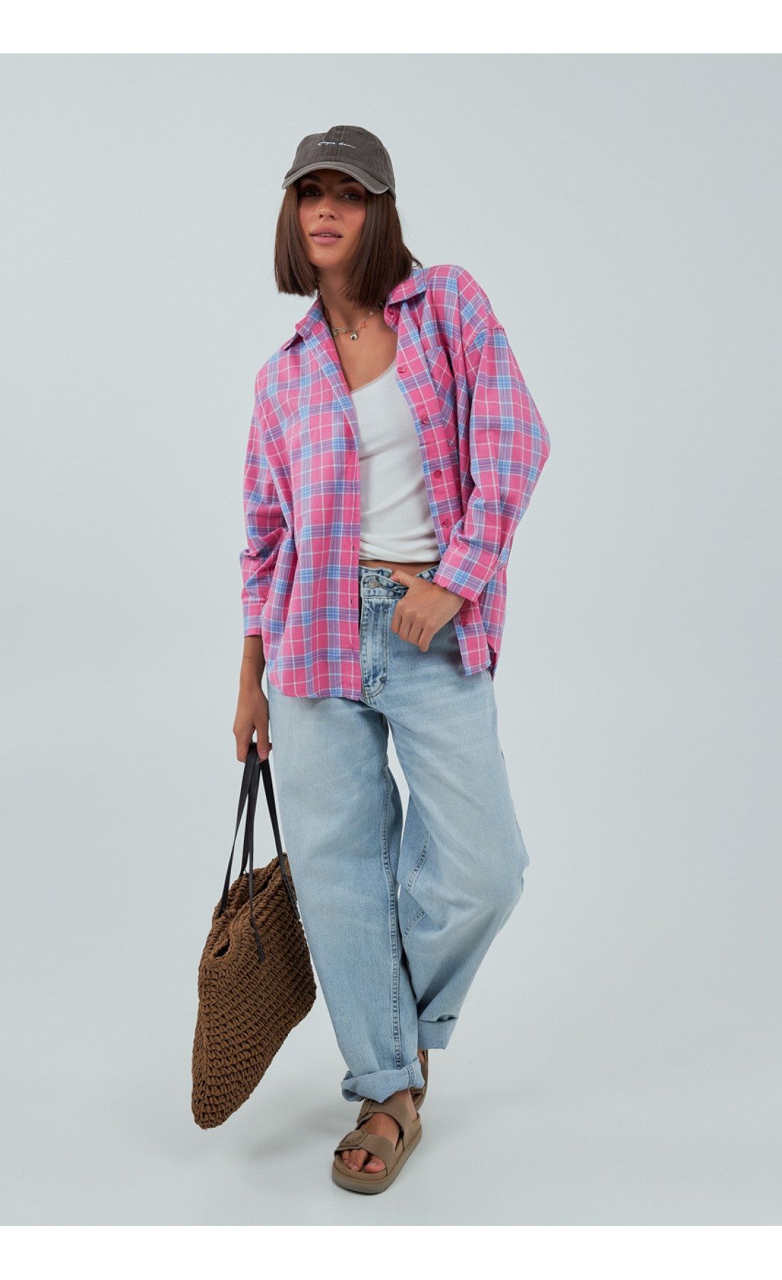Жіноча сорочка в клітинку з кишенею  рожевий колір
