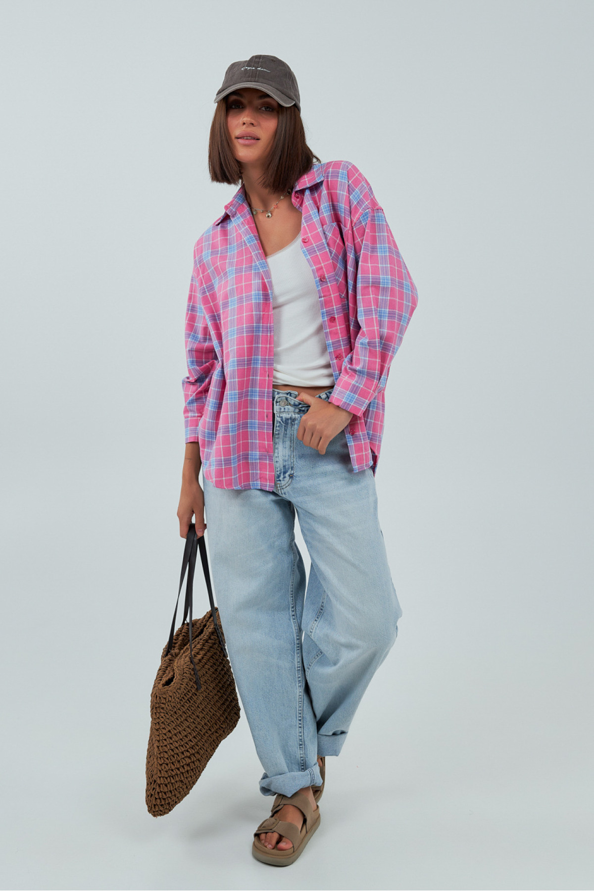 Жіноча сорочка в клітинку з кишенею  рожевий колір