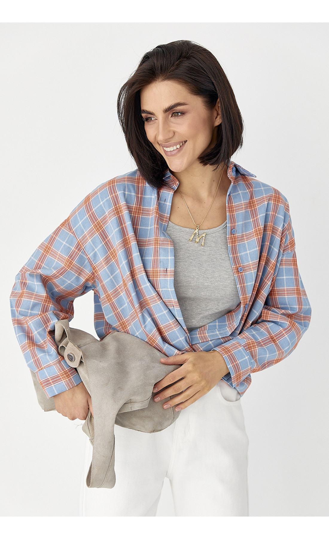 Жіноча сорочка в клітинку з кишенею  помаранчевий колір