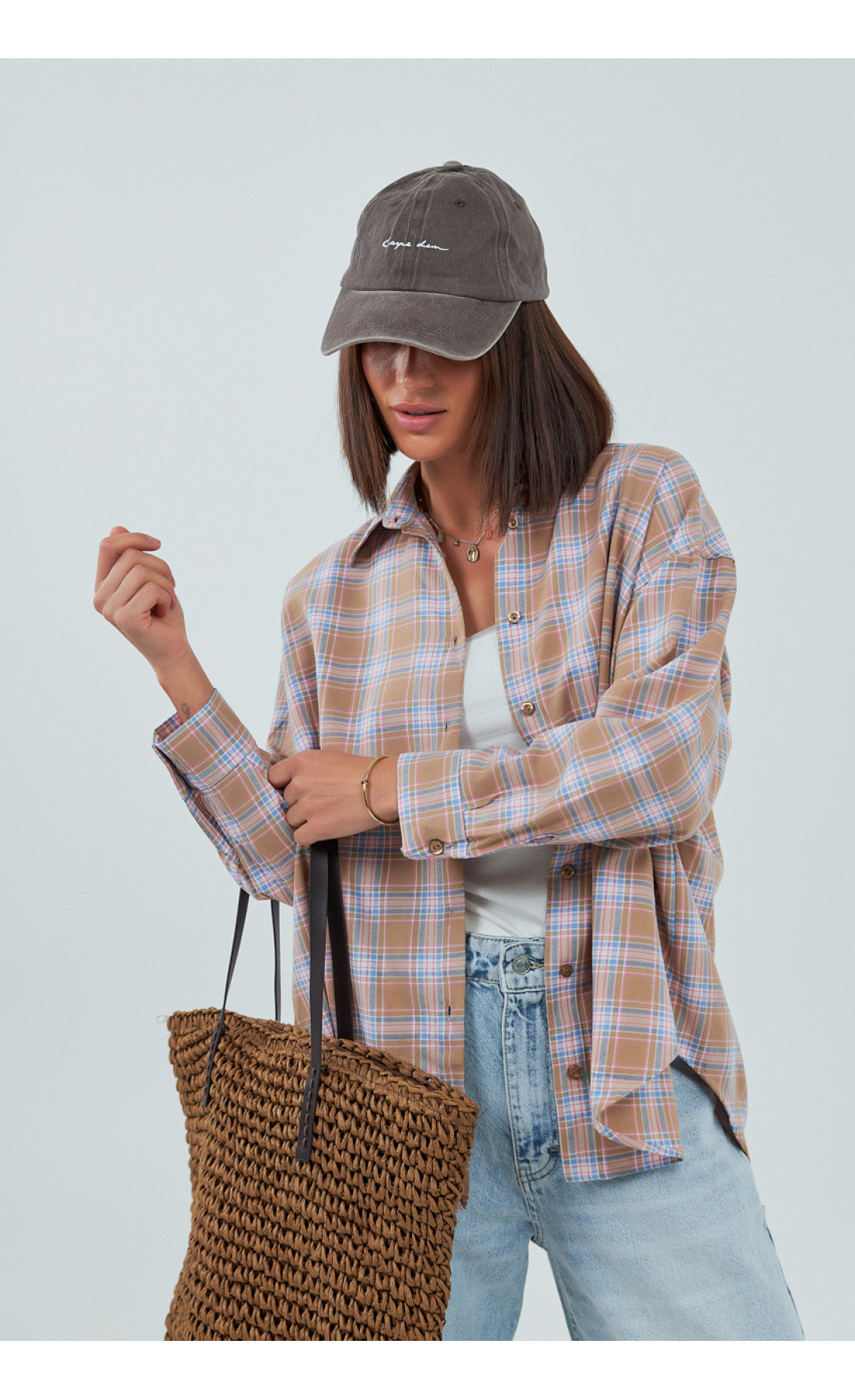 Сорочка в клітинку вільного крою  кавовий колір