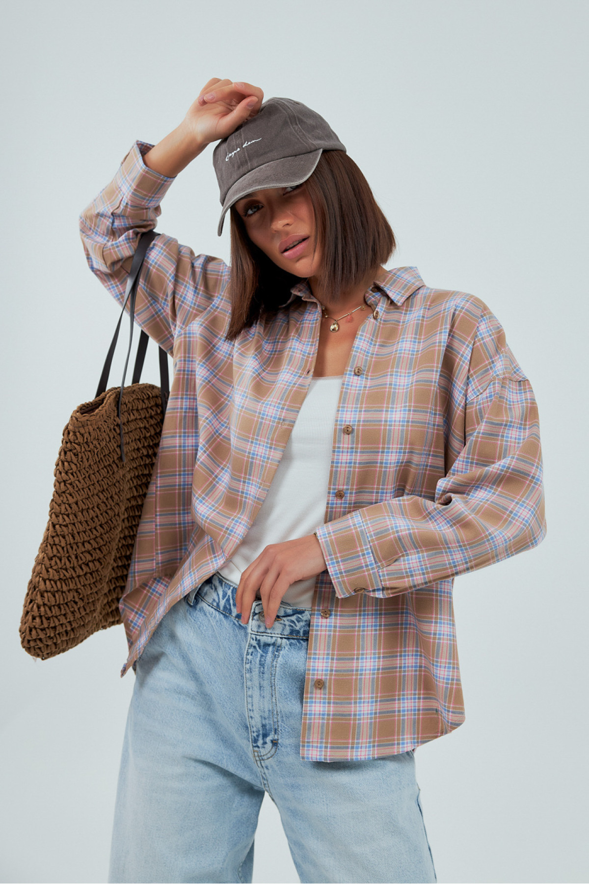 Сорочка в клітинку вільного крою  кавовий колір