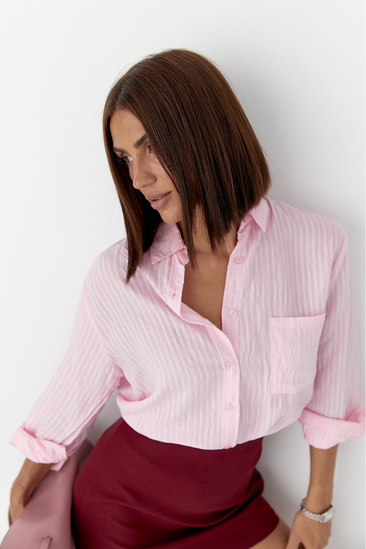 Смугаста сорочка з подовженою спинкою  рожевий колір