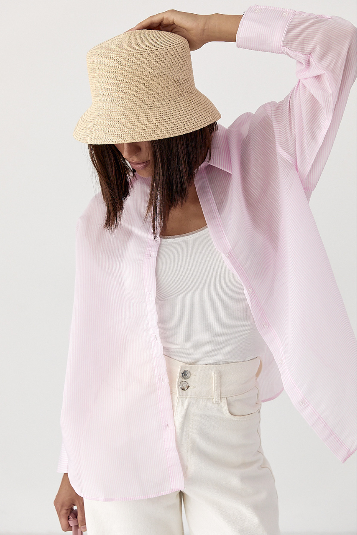 Напівпрозора сорочка в дрібну смужку  рожевий колір