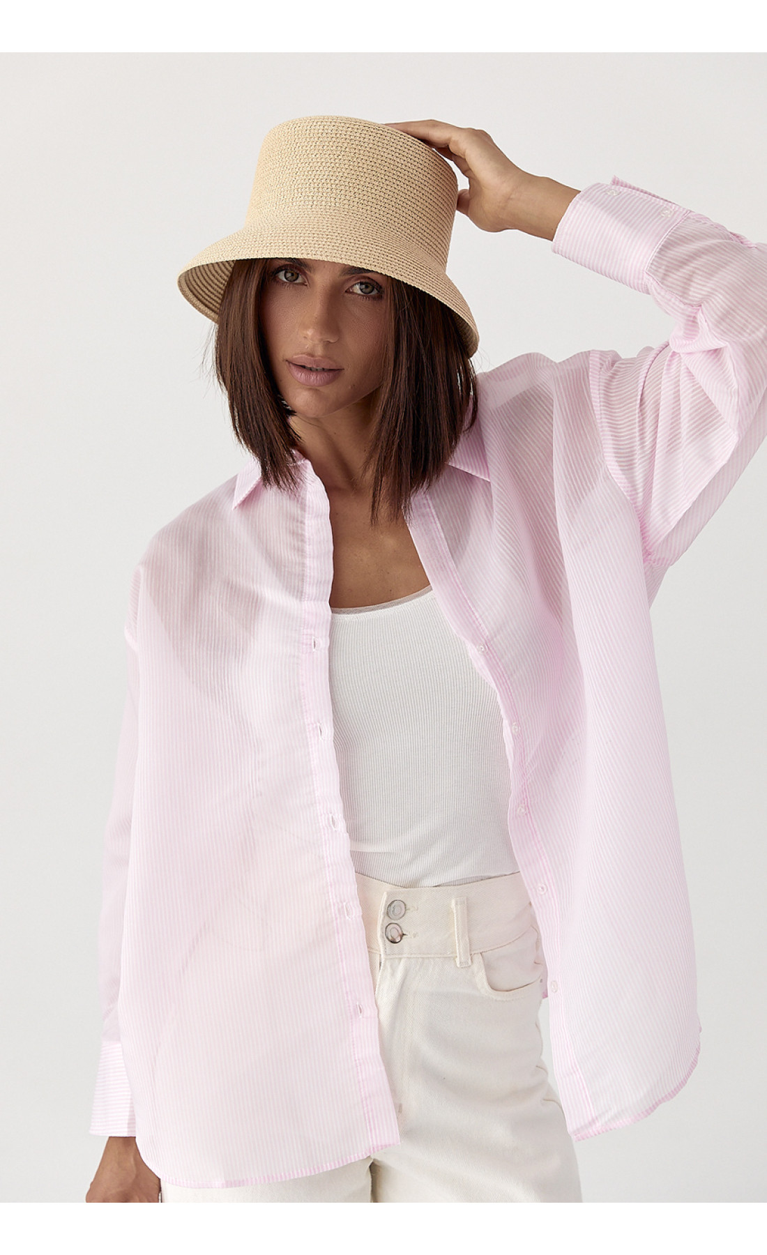 Напівпрозора сорочка в дрібну смужку  рожевий колір
