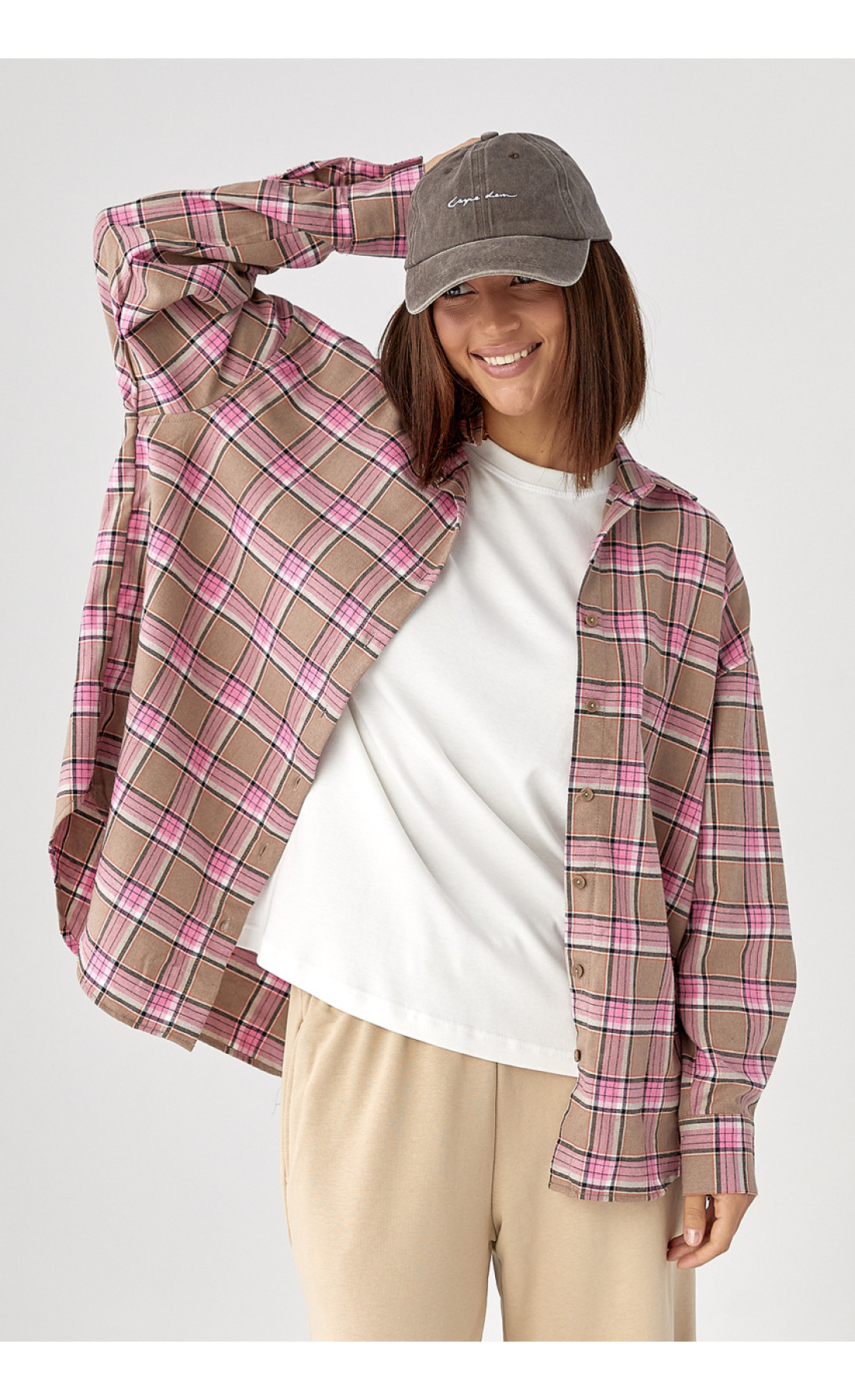 Клітчаста сорочка з напівкруглим низом  рожевий колір