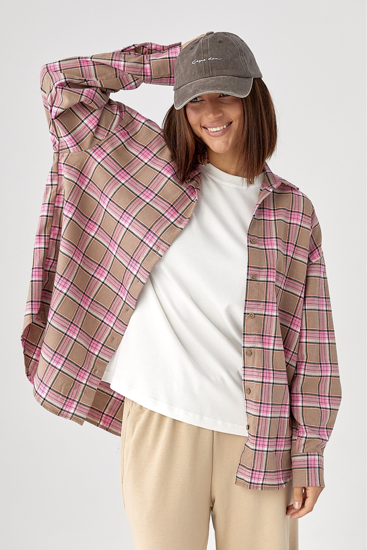 Клітчаста сорочка з напівкруглим низом  рожевий колір