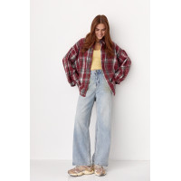 Картата сорочка на кнопках із напівкруглим низом  темночервоний колір