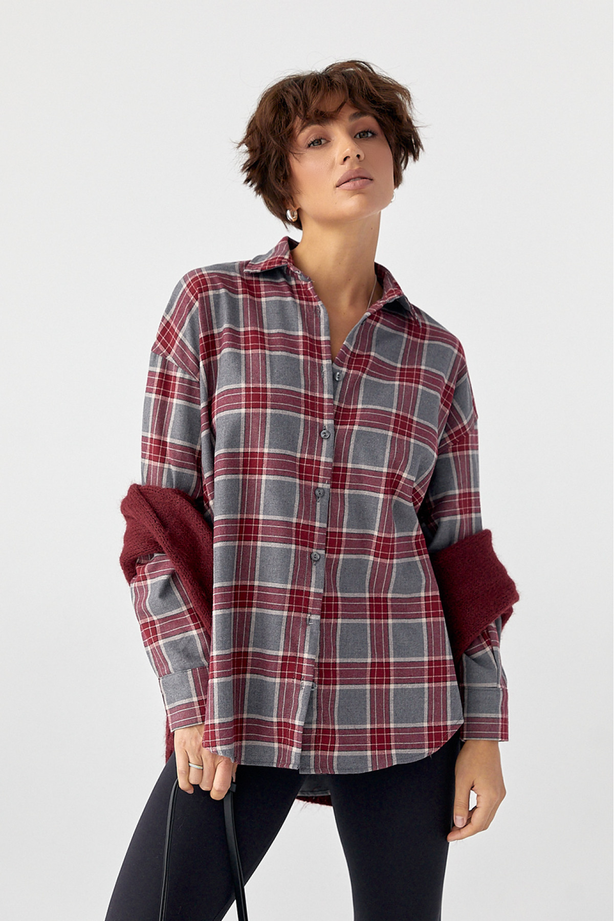 Сорочка в клітинку з подовженою спинкою  темночервоний колір