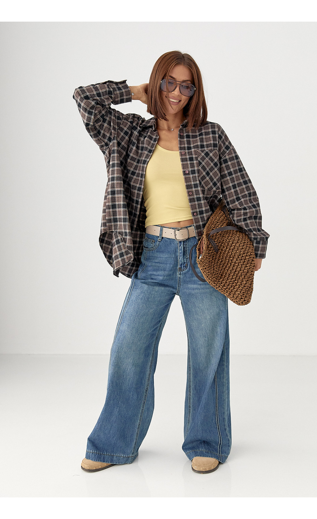 Картата сорочка з відкладним коміром  коричневий колір