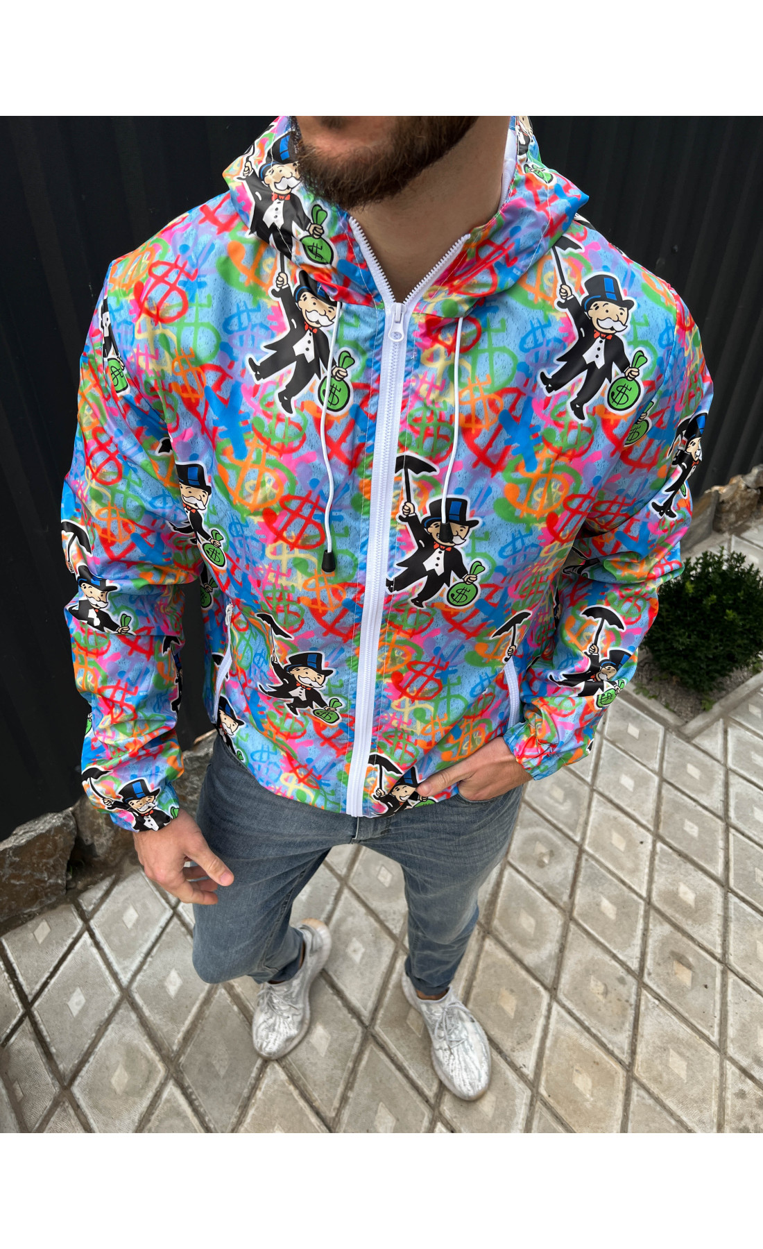 Осіння принтована чоловіча різнокольорова вітрівка з капюшоном