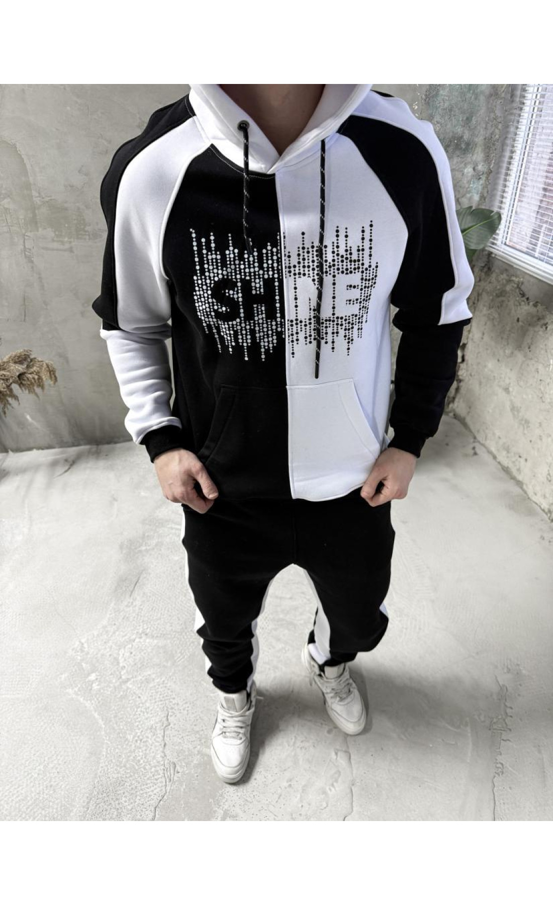 Спортивний костюм утеплений дтф чоловічий худі штани чорно-білий