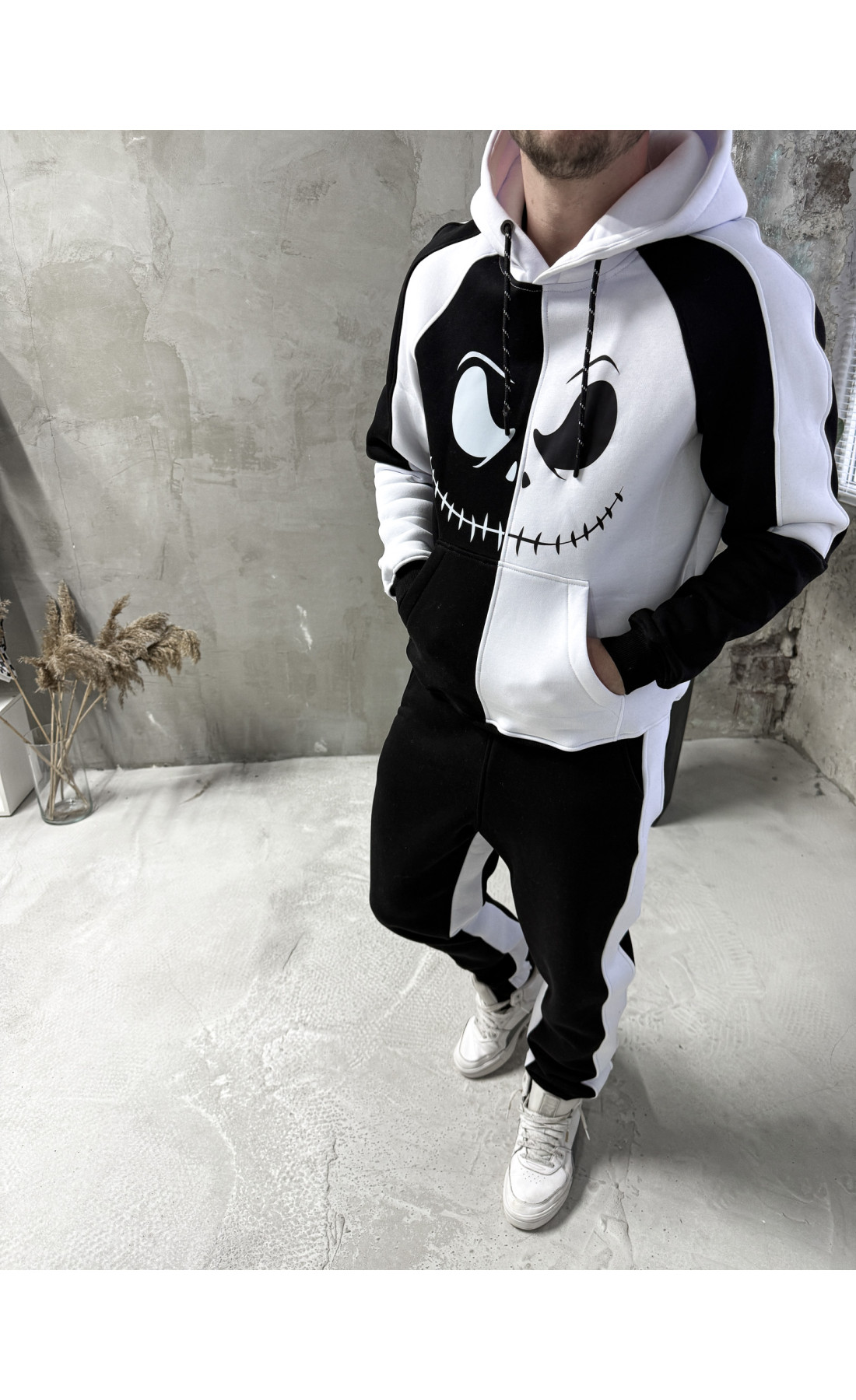 Спортивний костюм утеплений дтф чоловічий худі штани чорно-білий