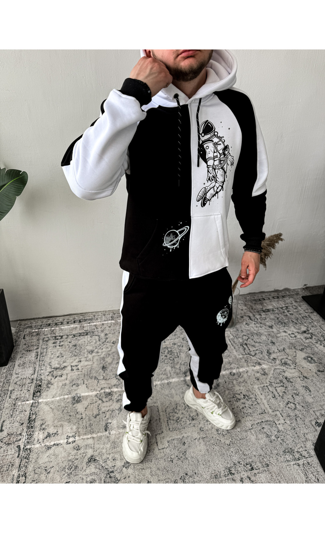 Спортивний костюм утеплений дтф чоловічий стильний чорно білий з капюшоном