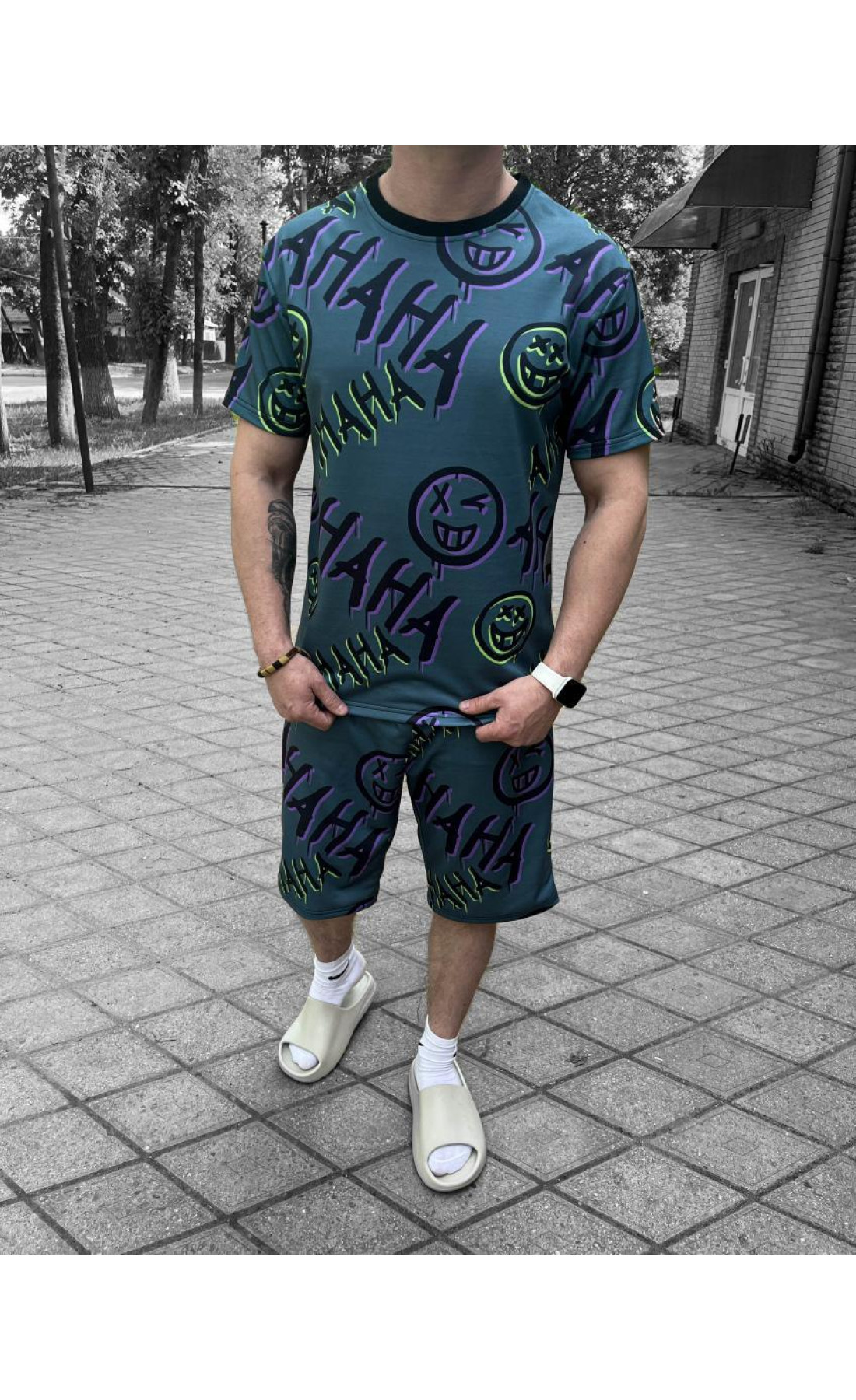 Бірюзовий чоловічий стильний літній спортивний костюм з модним принтом