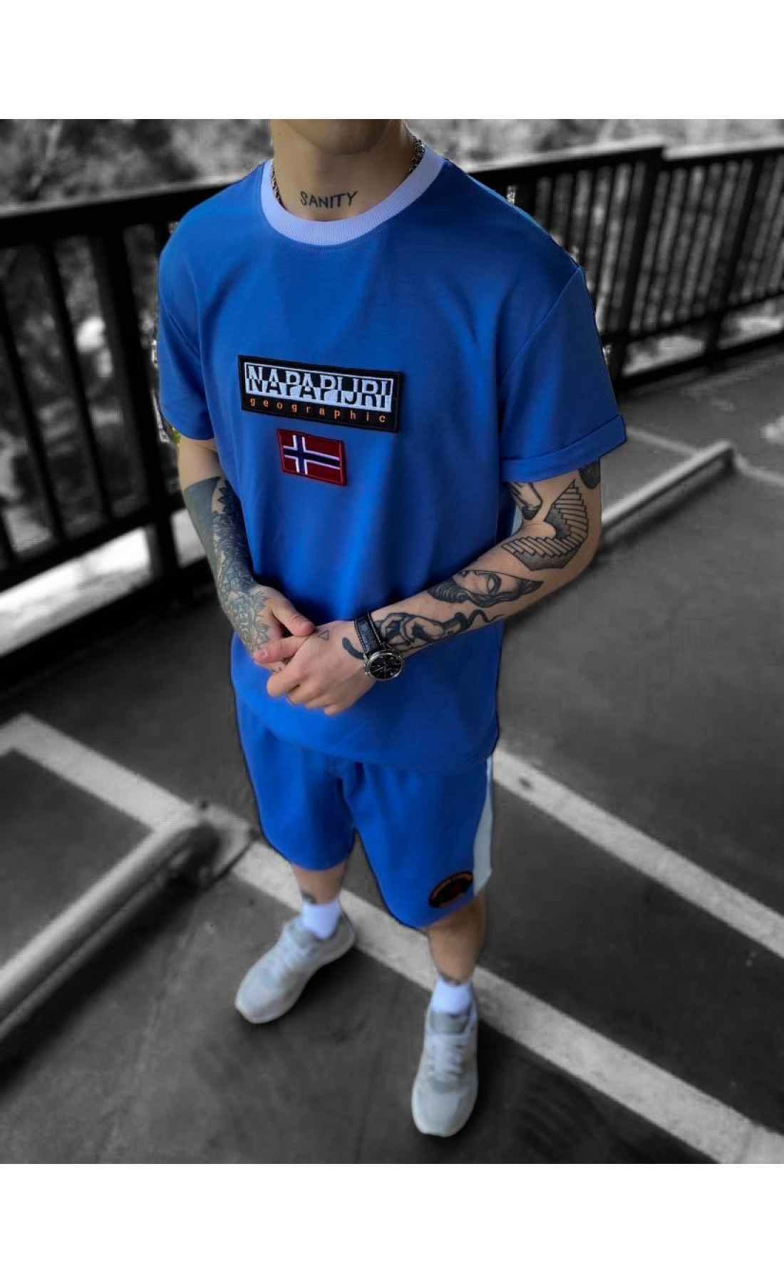 Синій чоловічий літній спортивний костюм з написом