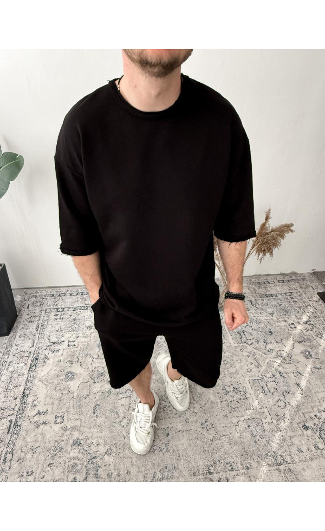 Чоловічий модний чорний однотонний літній спортивний костюм-двійка