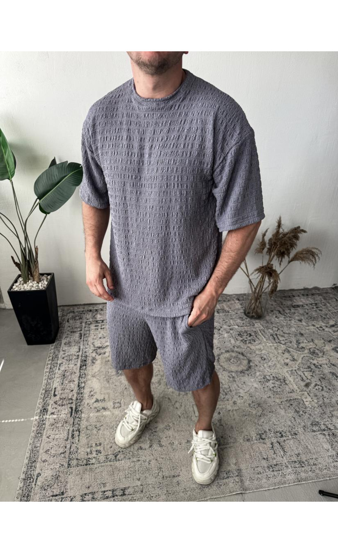 Комплект футболка шорти чоловічий стильний темно сірий літо весна