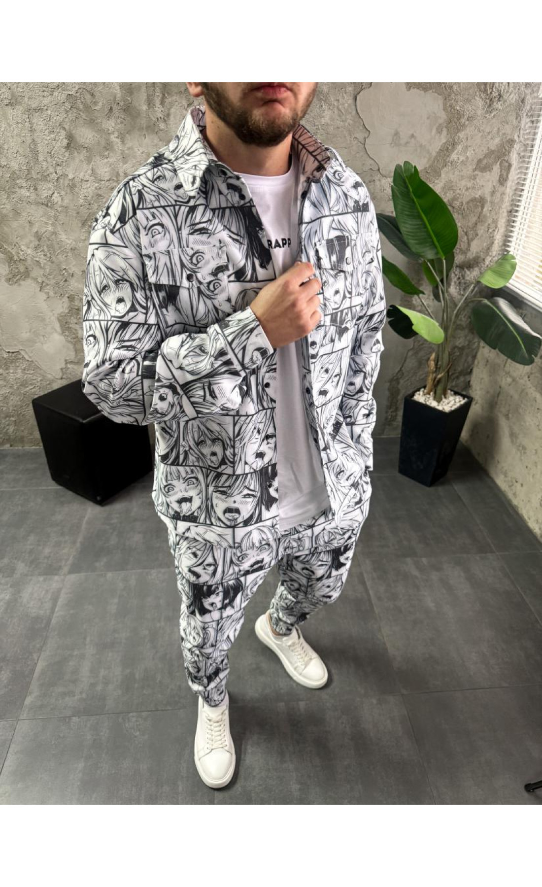 Білий принтований костюм (сорочка, штани) з бенгаліну