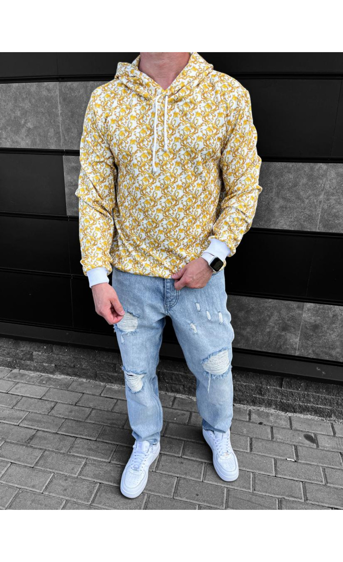 Принтований чоловічий жовтий худі з абстрактним принтом