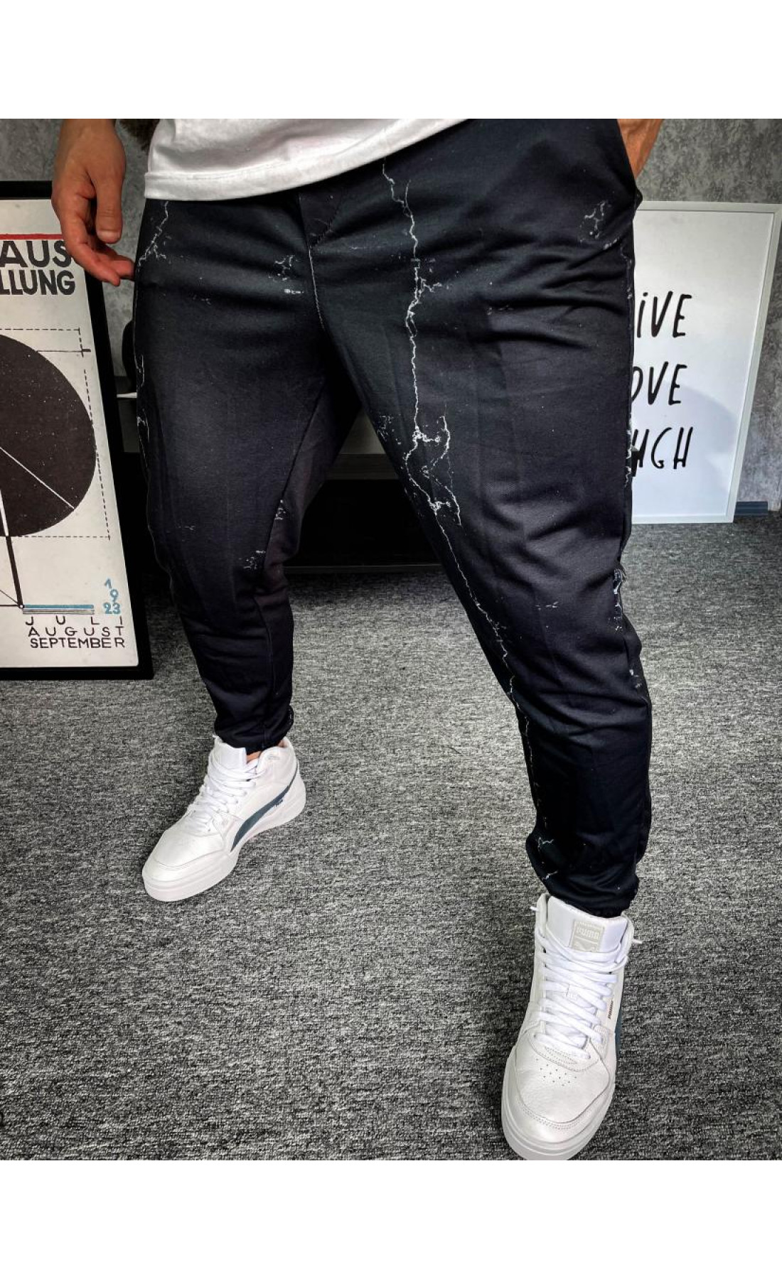 Принтовані чоловічі легкі літні чорні штани