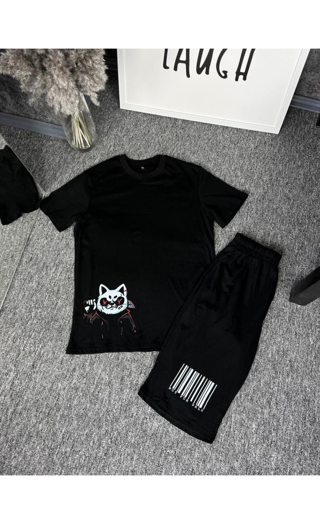 Чорний чоловічий літній костюм з котиком футболка шорти