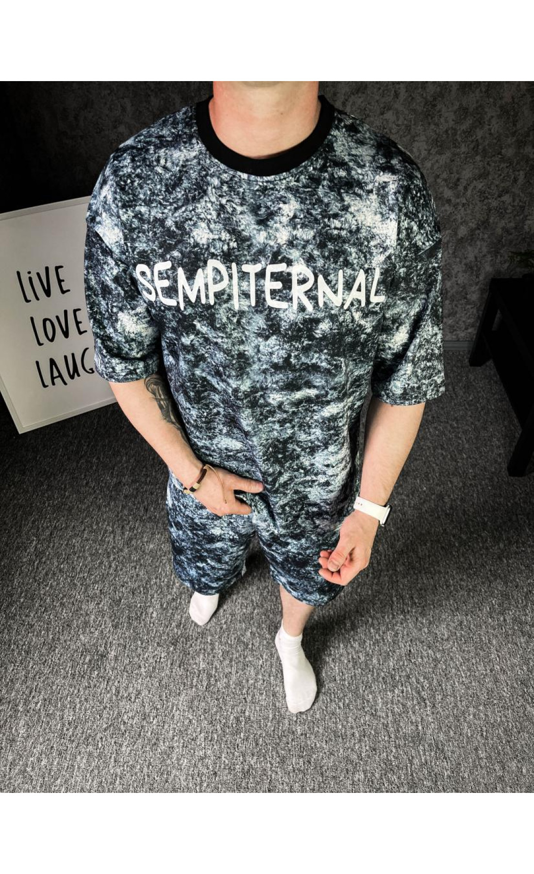 Літній оверсайз костюм синього кольору з написом