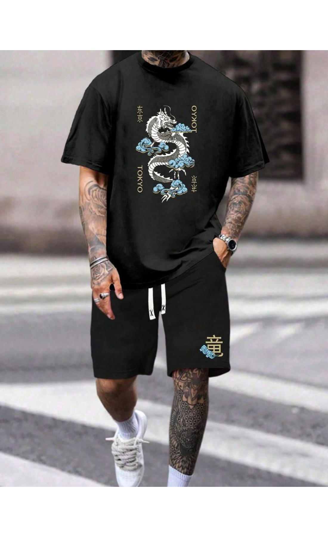 Комплект футболка та шорти чорного кольору з дтф принтом (оверсайз)