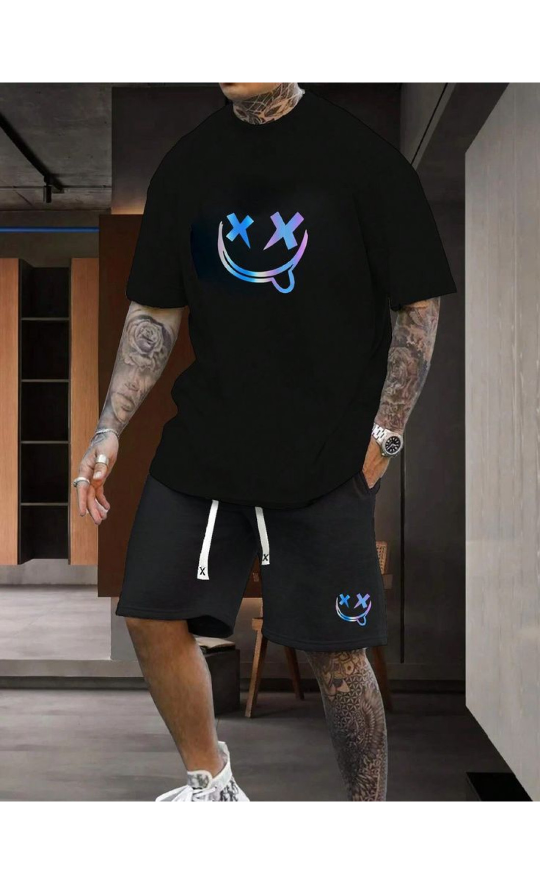 Комплект футболка та шорти чорного кольору з дтф принтом (оверсайз)