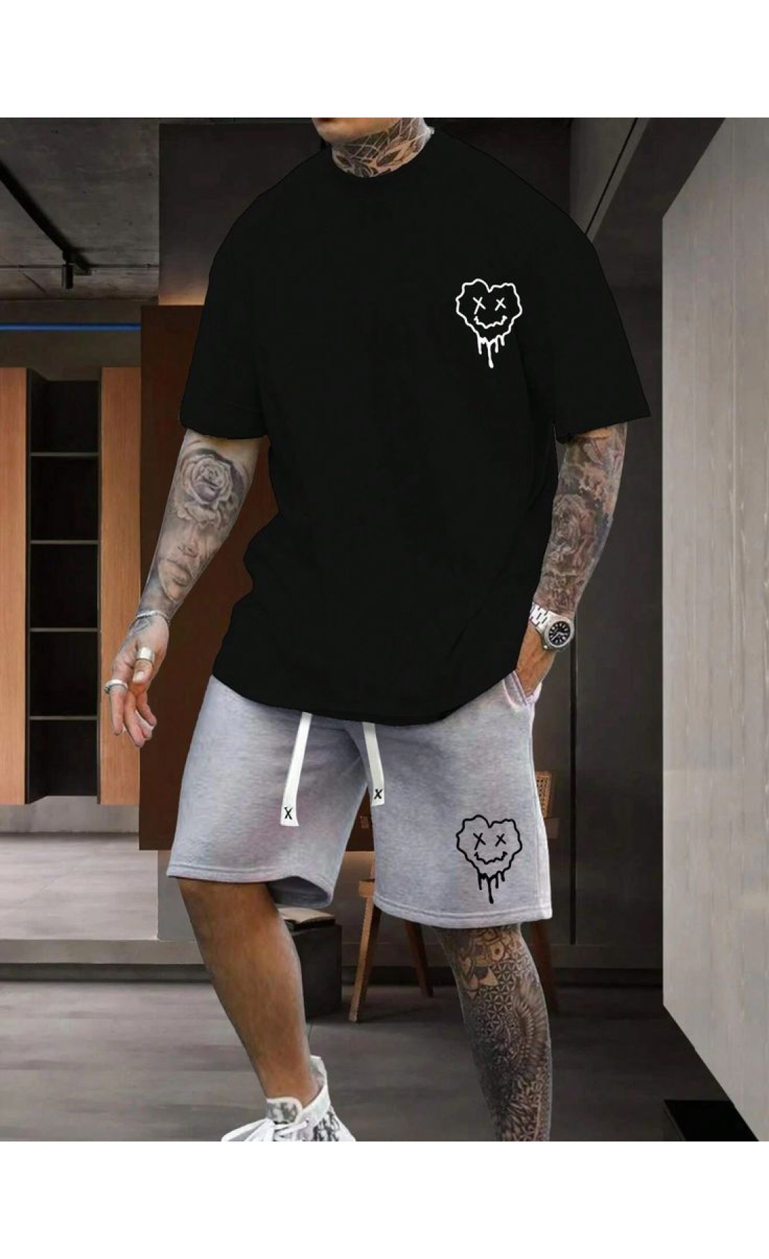 Чорно-білий комплект футболка та шорти з дтф принтом (оверсайз)