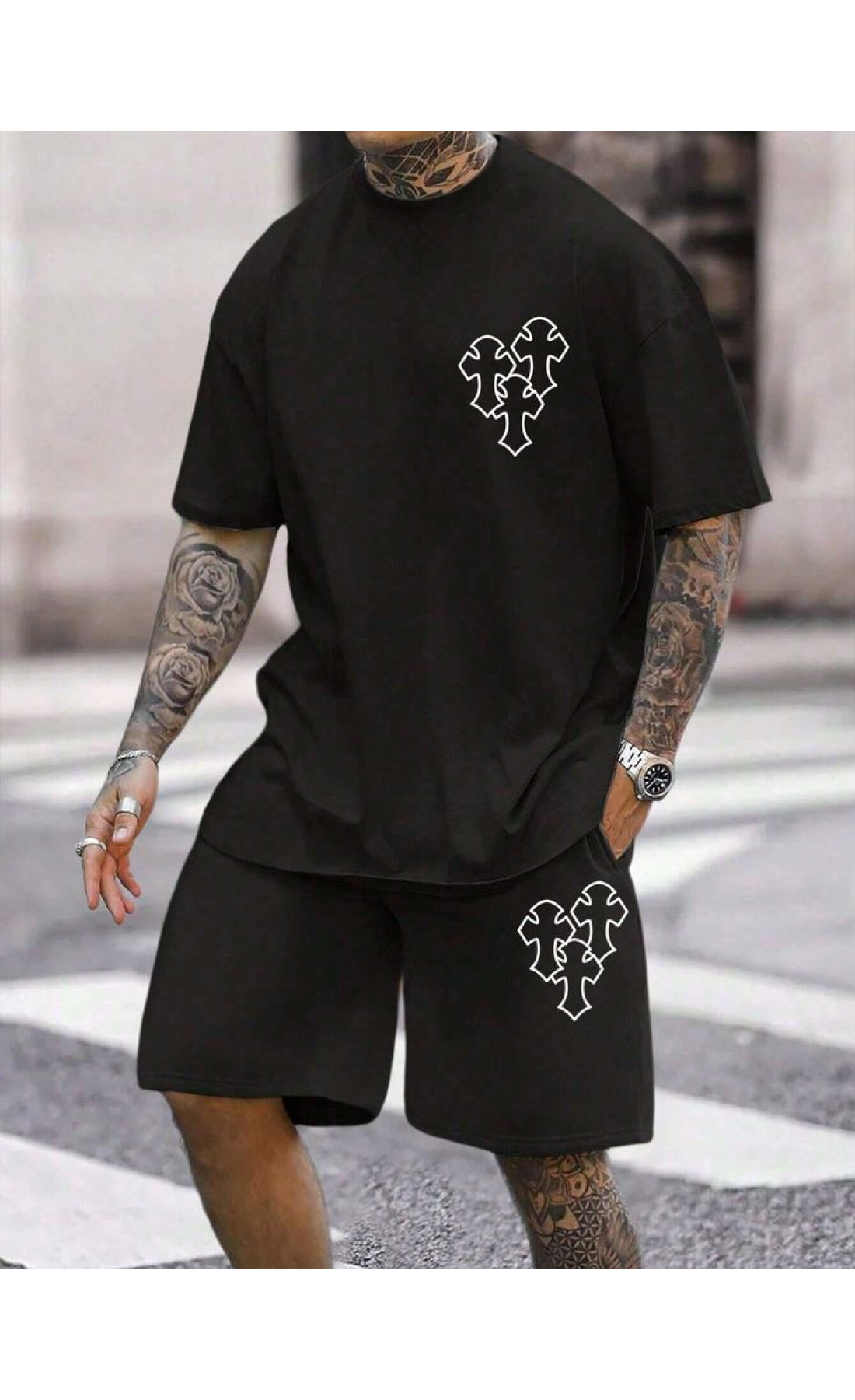 Комплект футболка та шорти чорного кольору з дтф принтом (оверсайз)