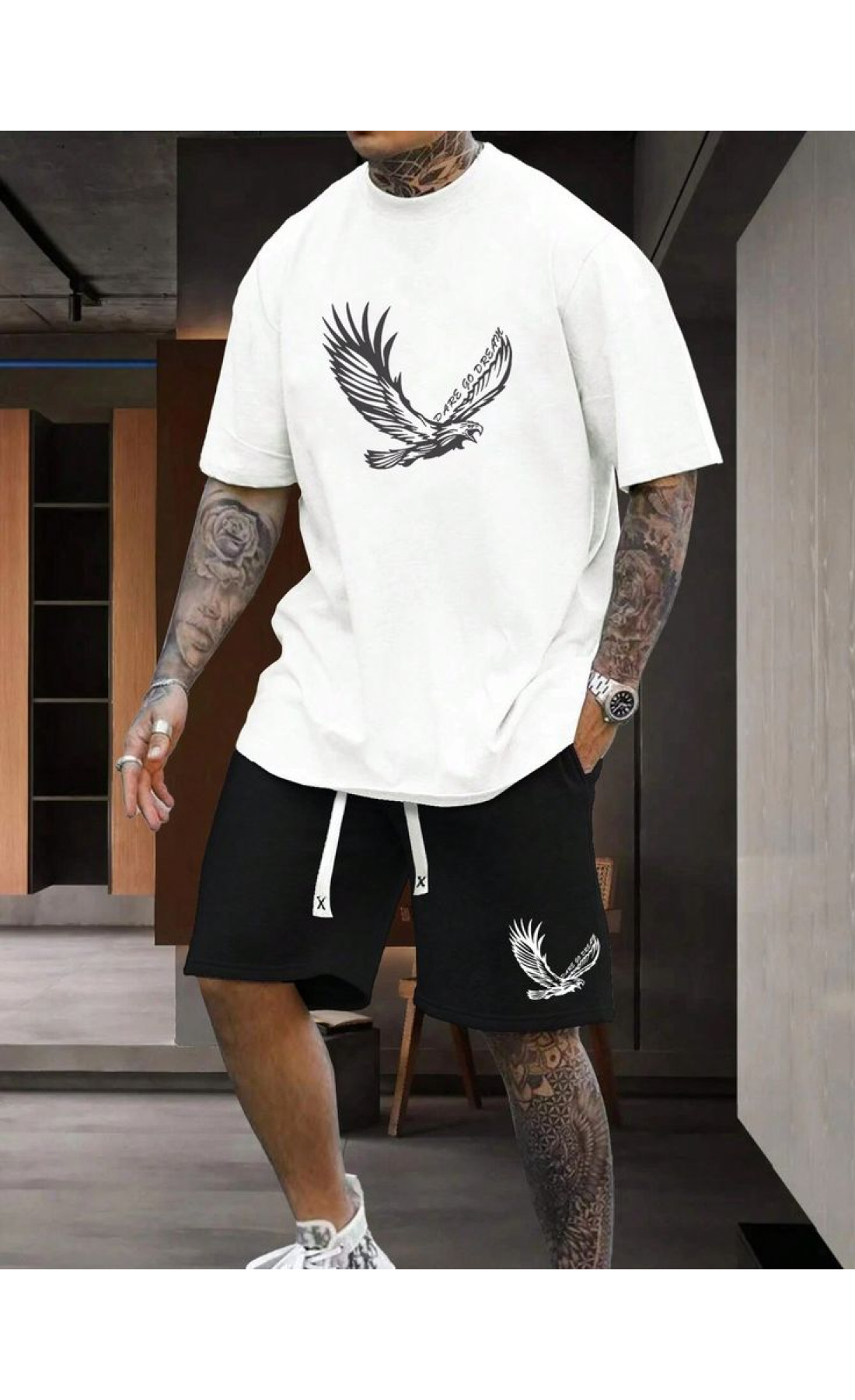 Чорно-білий комплект футболка та шорти з дтф принтом (оверсайз)