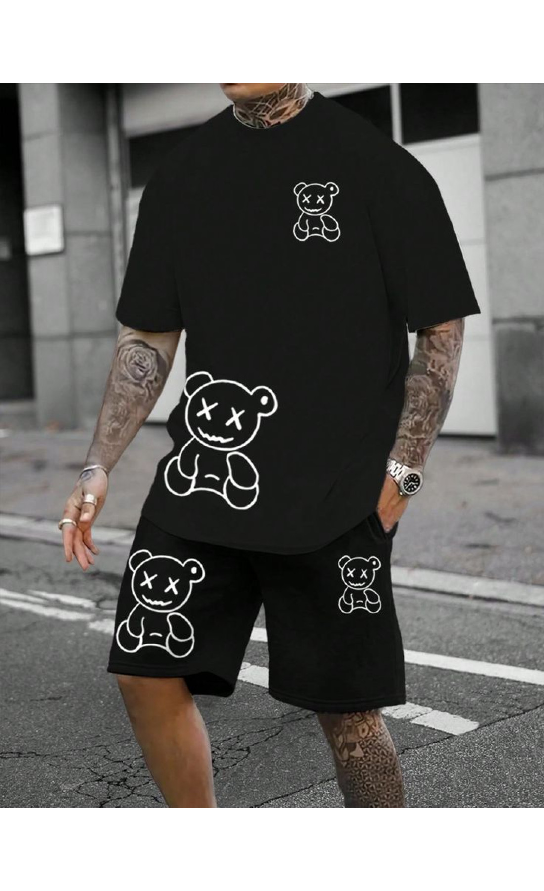 Комплект футболка та шорти чорного кольору з дтф принтом (оверсайз)