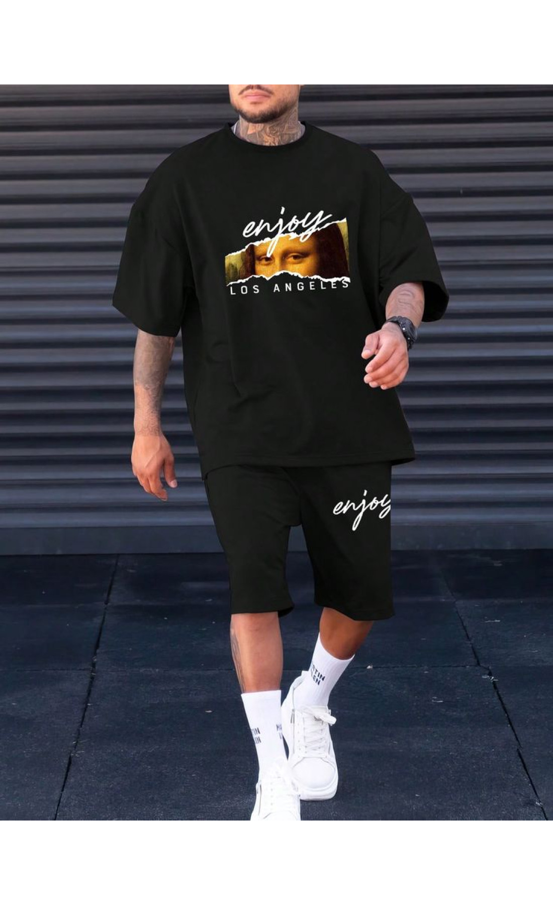 Комплект футболка та шорти чорного кольору з дтф принтом (оверсайз)