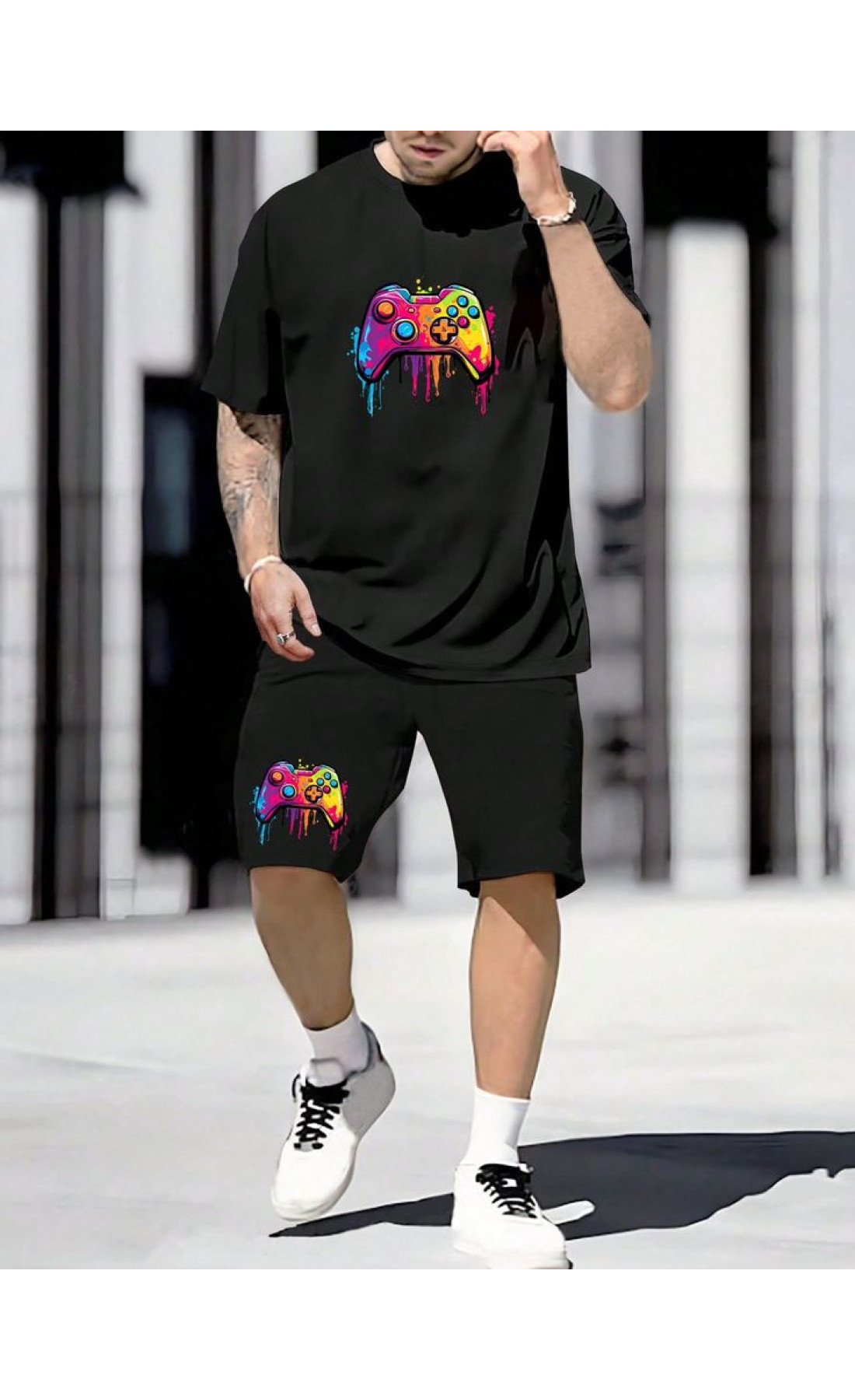 Комплект футболка та шорти чорного кольору з дтф принтом (оверсайз)