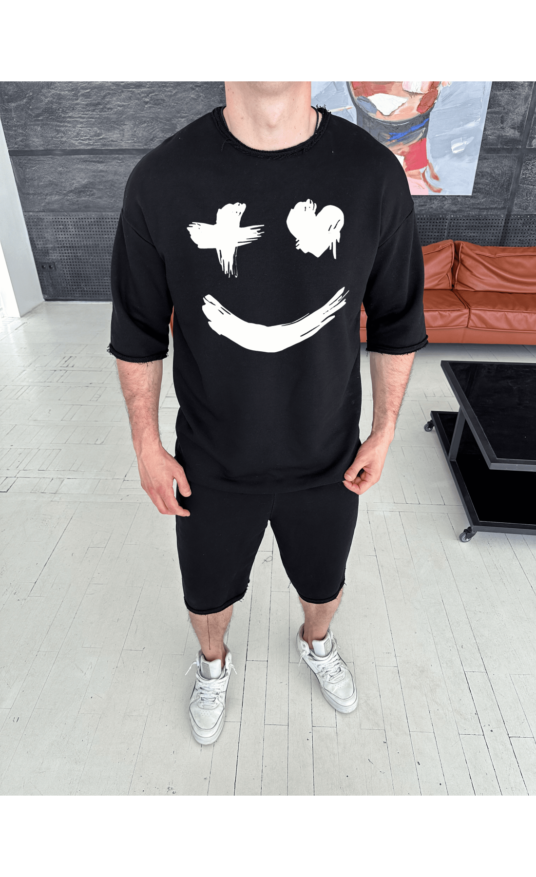 Комплект футболка та шорти чорного кольору з дтф принтом (оверсайз)