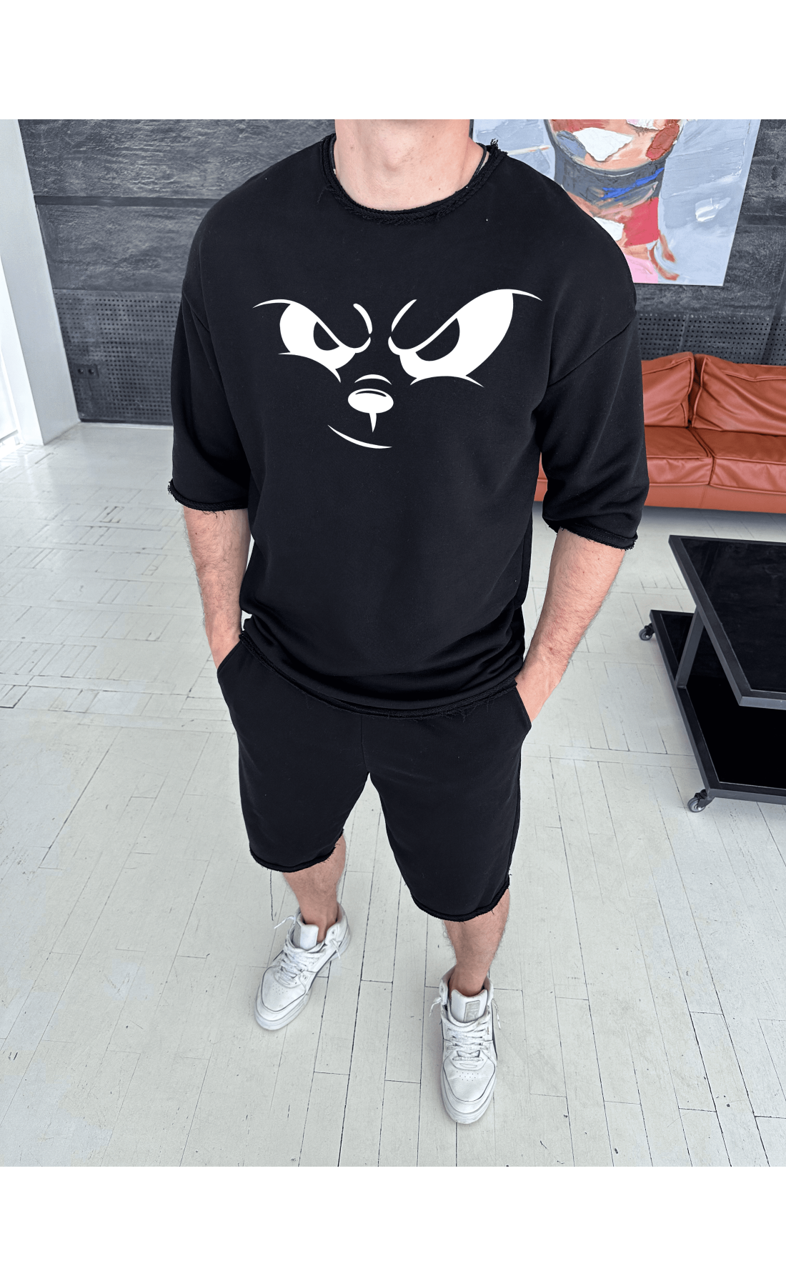 Комплект футболка та шорти чорного кольору з дтф принтом (оверсайз)