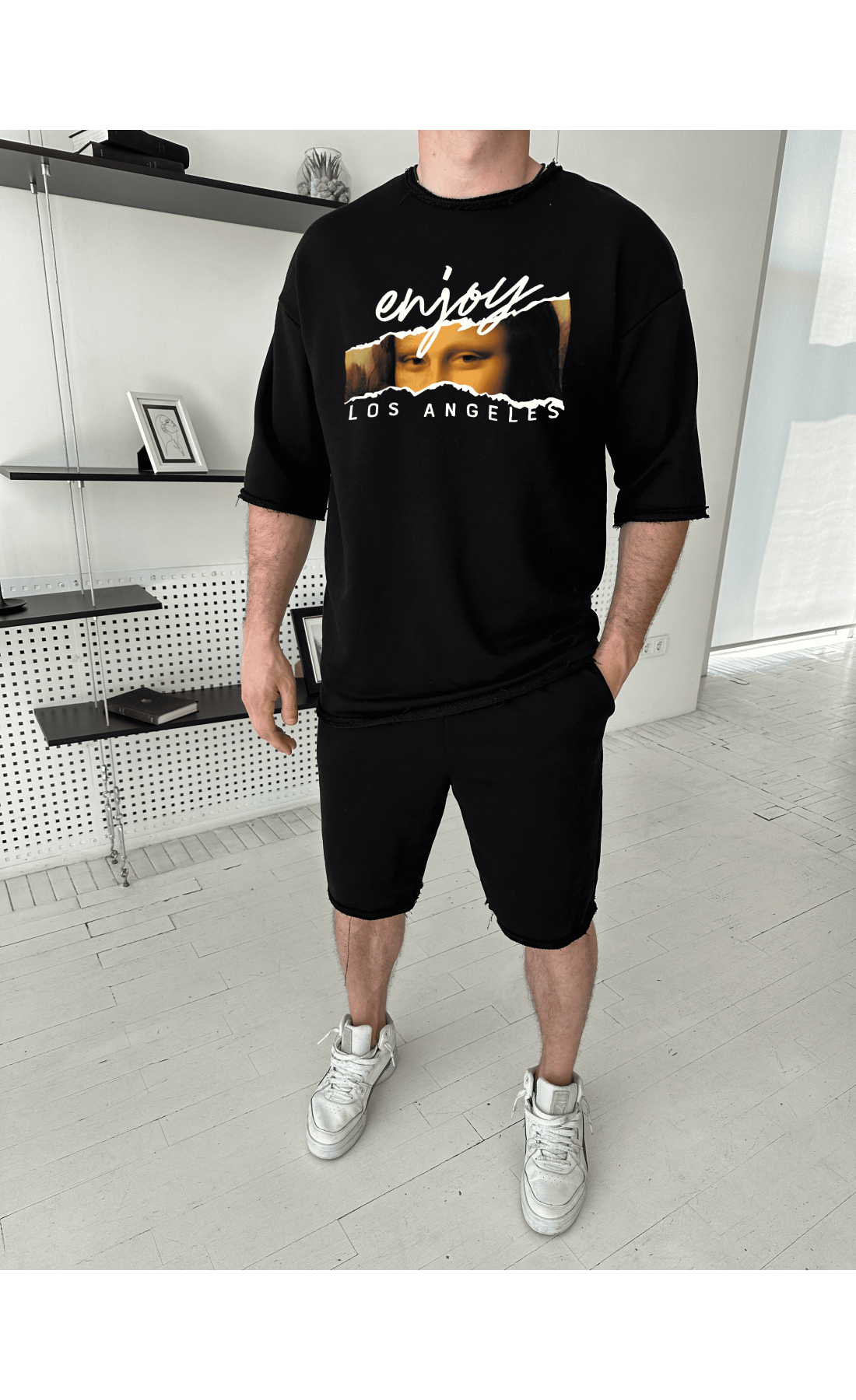 Комплект футболка та шорти чорного кольору з дтф принтом (оверсайз)