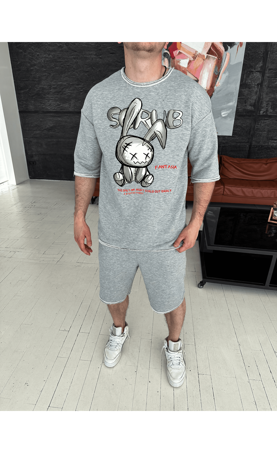 Комплект футболка та шорти сірого кольору з дтф принтом (оверсайз)