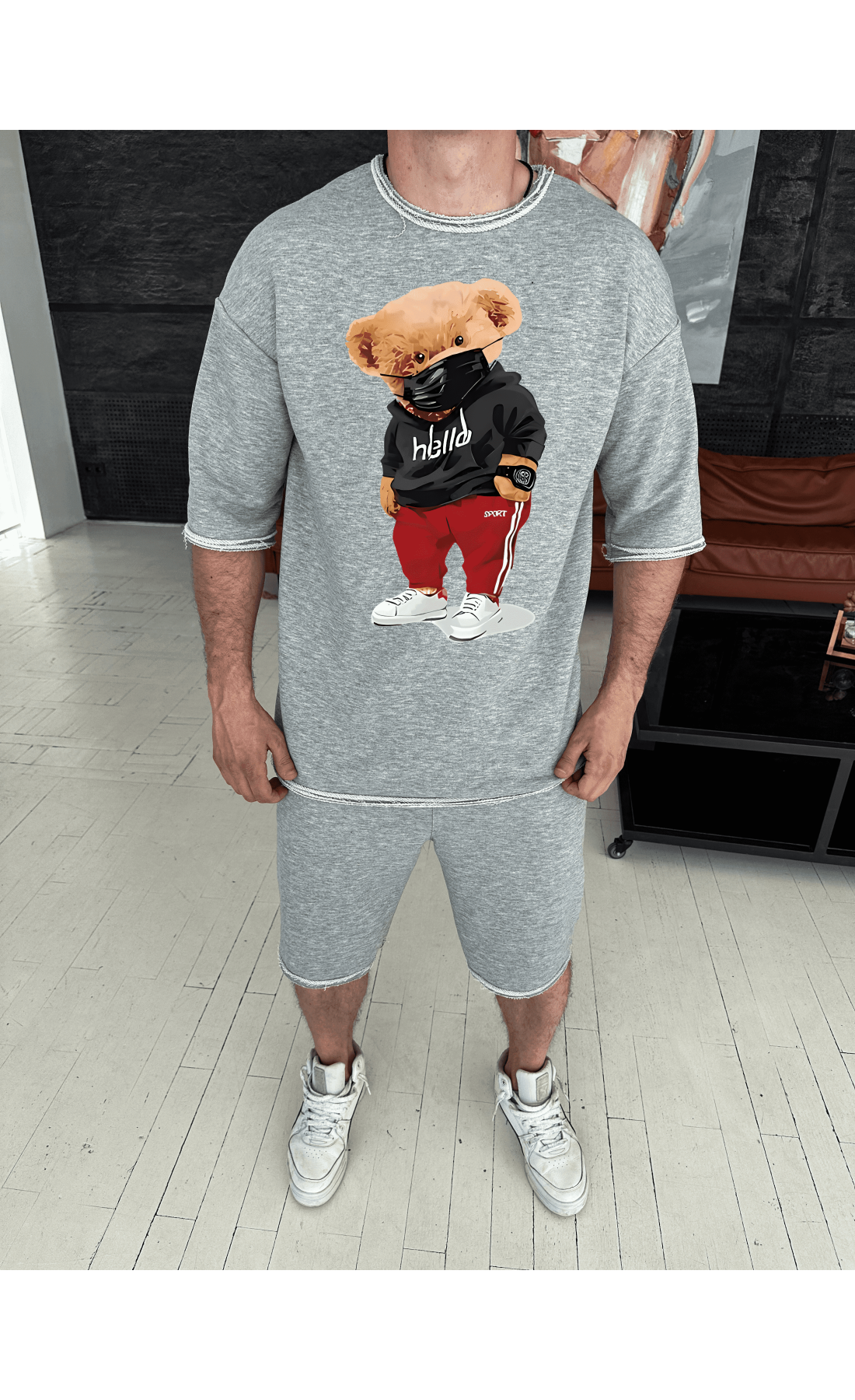 Комплект футболка та шорти сірого кольору з дтф принтом (оверсайз)