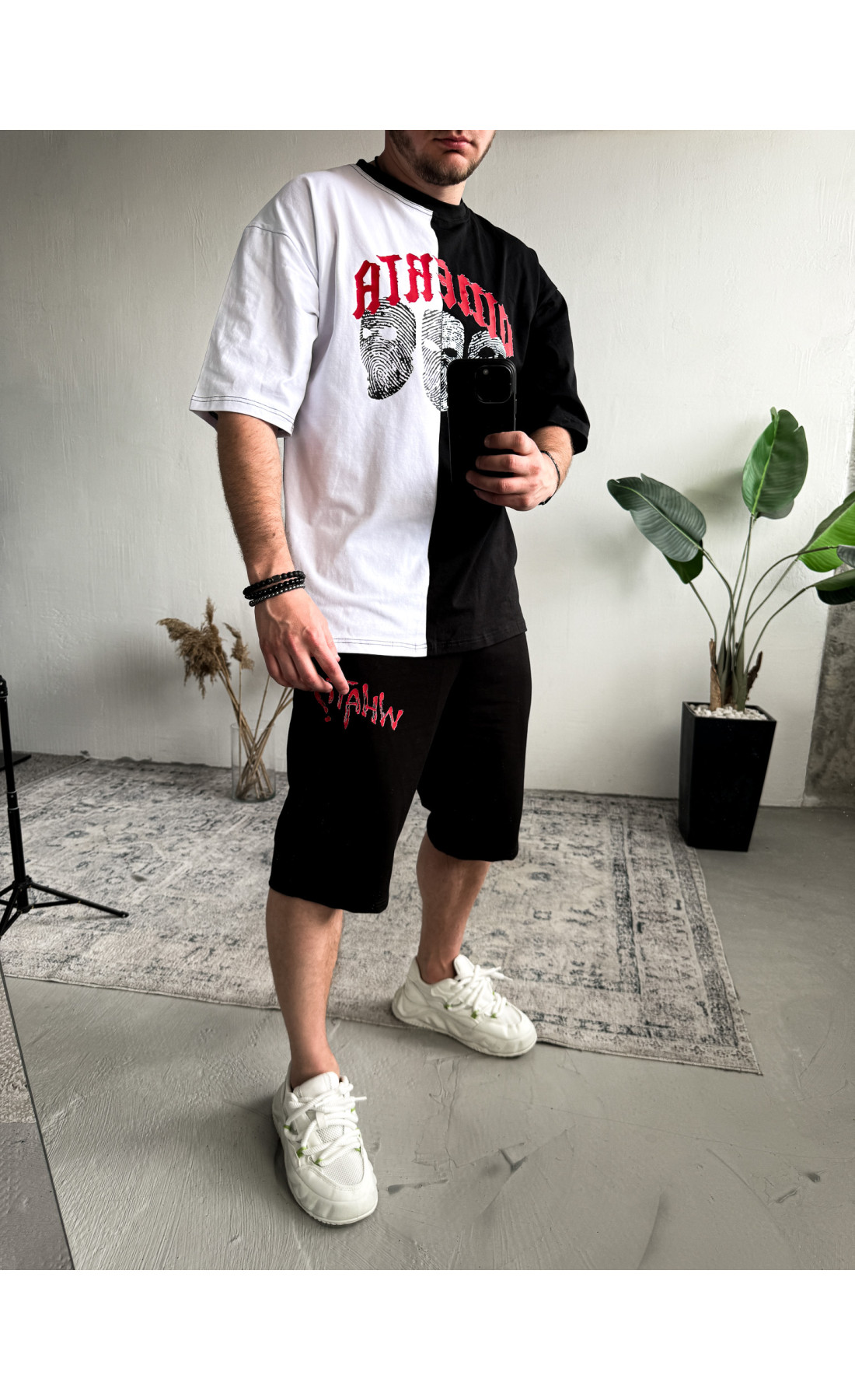 Комплект футболка шорти оверсайз стильний чорний білий