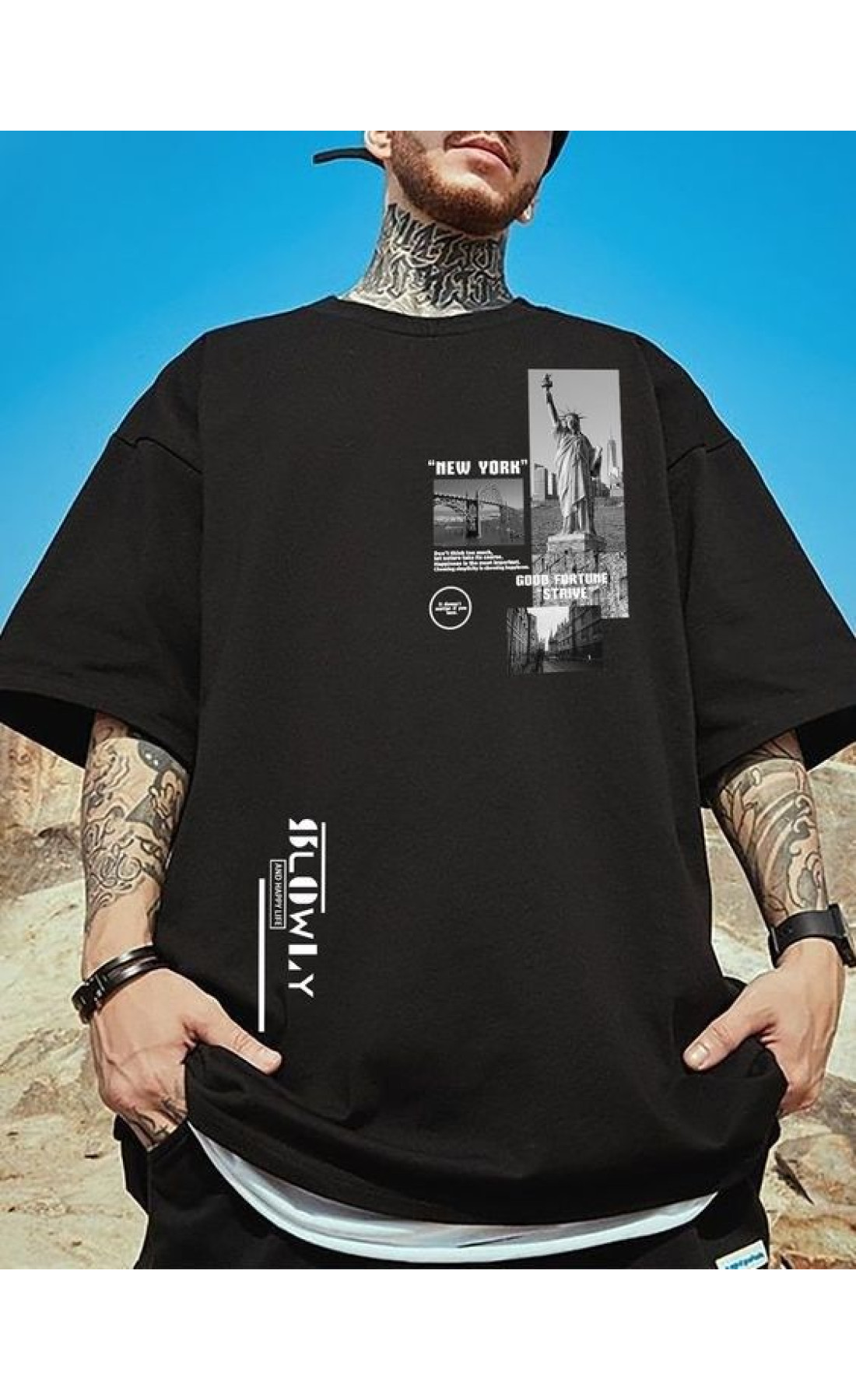 Чорна чоловіча футболка з дтф принтом (оверсайз)